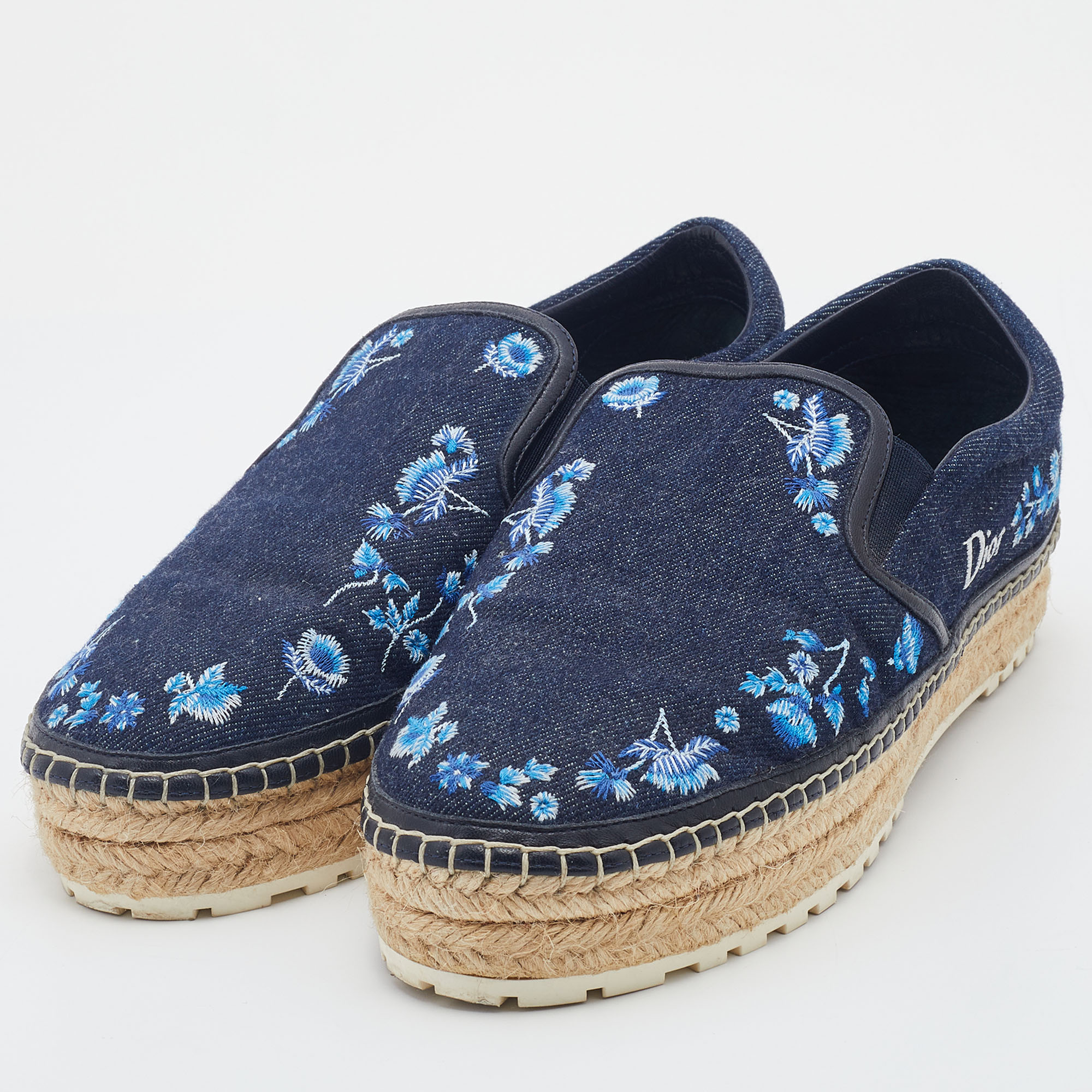 

Dior Navy Blue Floral Embroidered Denim Prairie Espadrille Slip On Sneakers Size