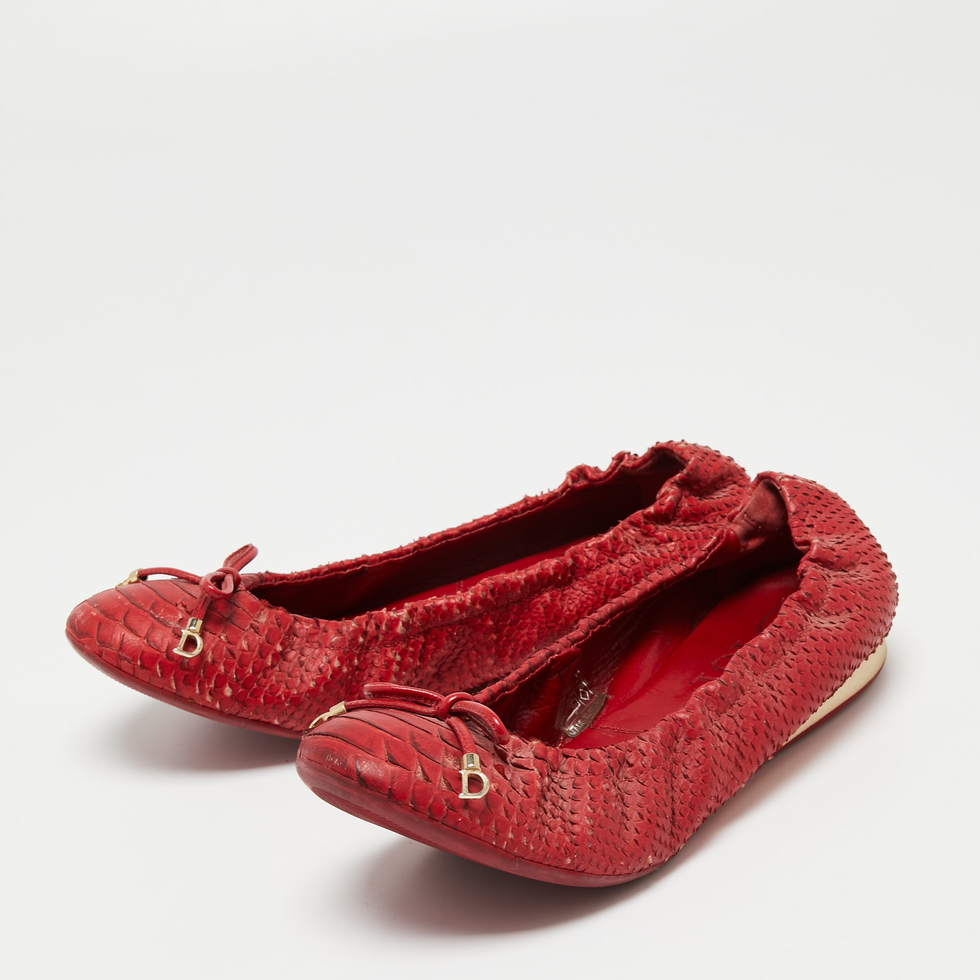 

Dior Red Python Bow Scrunch Ballet Flats Size