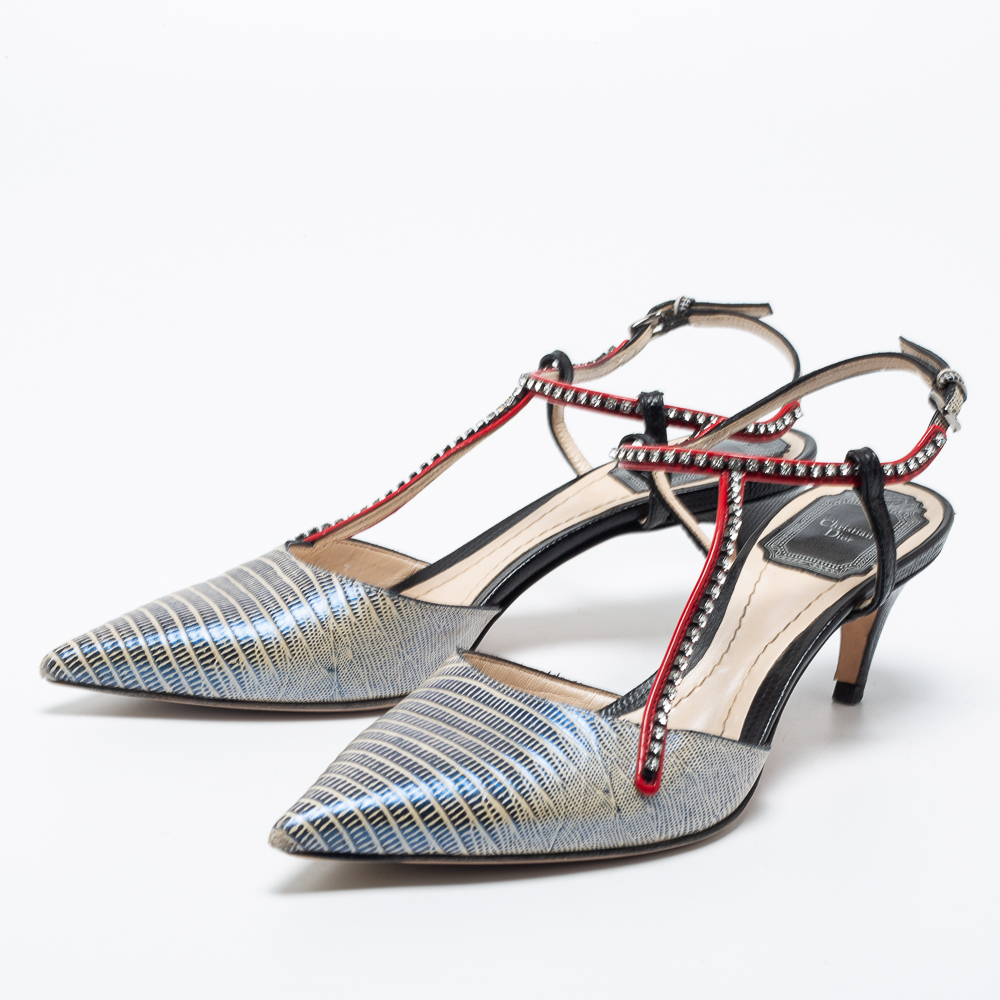 

Dior Tri-Color Lizard Embossed Leather Strass T-Strap Pointed Toe Pumps Size, Red