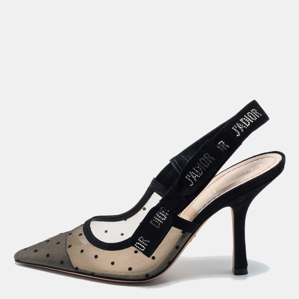 Pre Owned Dior Beige Plumetis Mesh And Suede J'adior Studded  Pointed Toe Slingback Sandals  Size 37