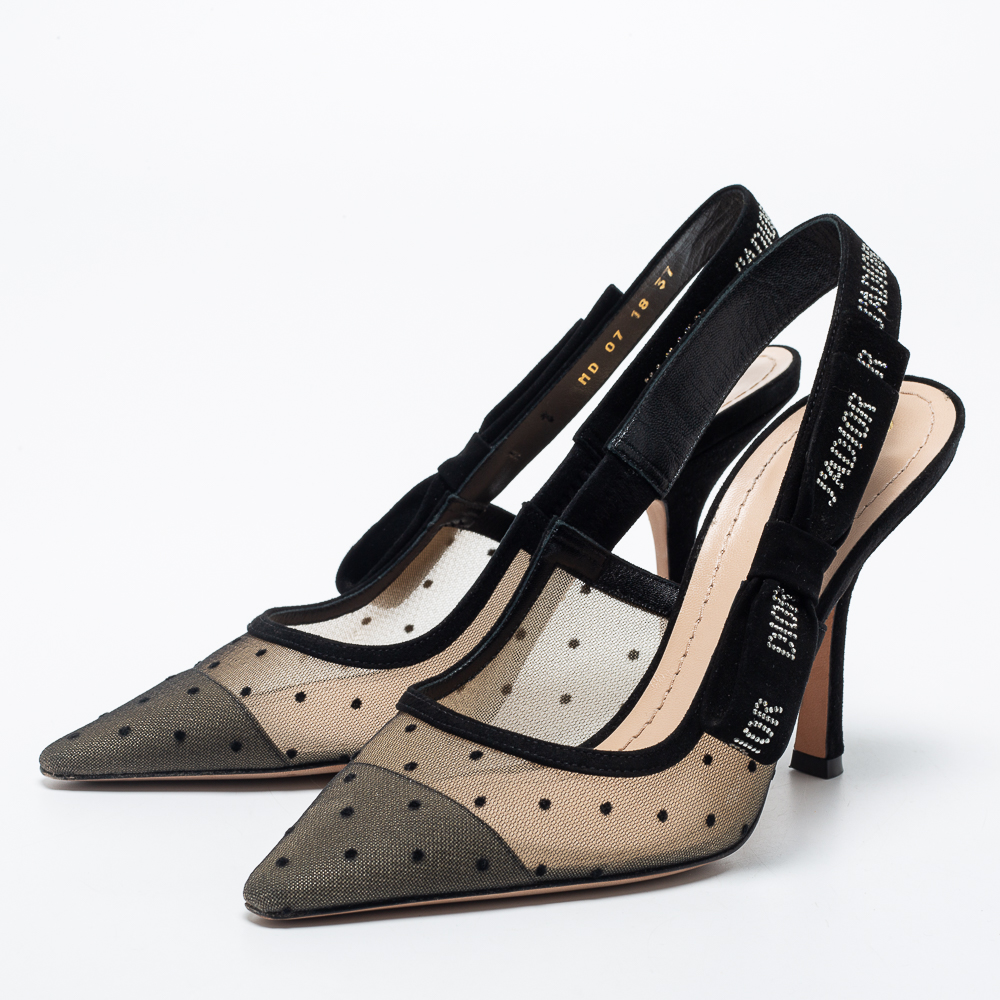 

Dior Beige Plumetis Mesh And Suede J'adior Studded Pointed Toe Slingback Sandals Size, Black