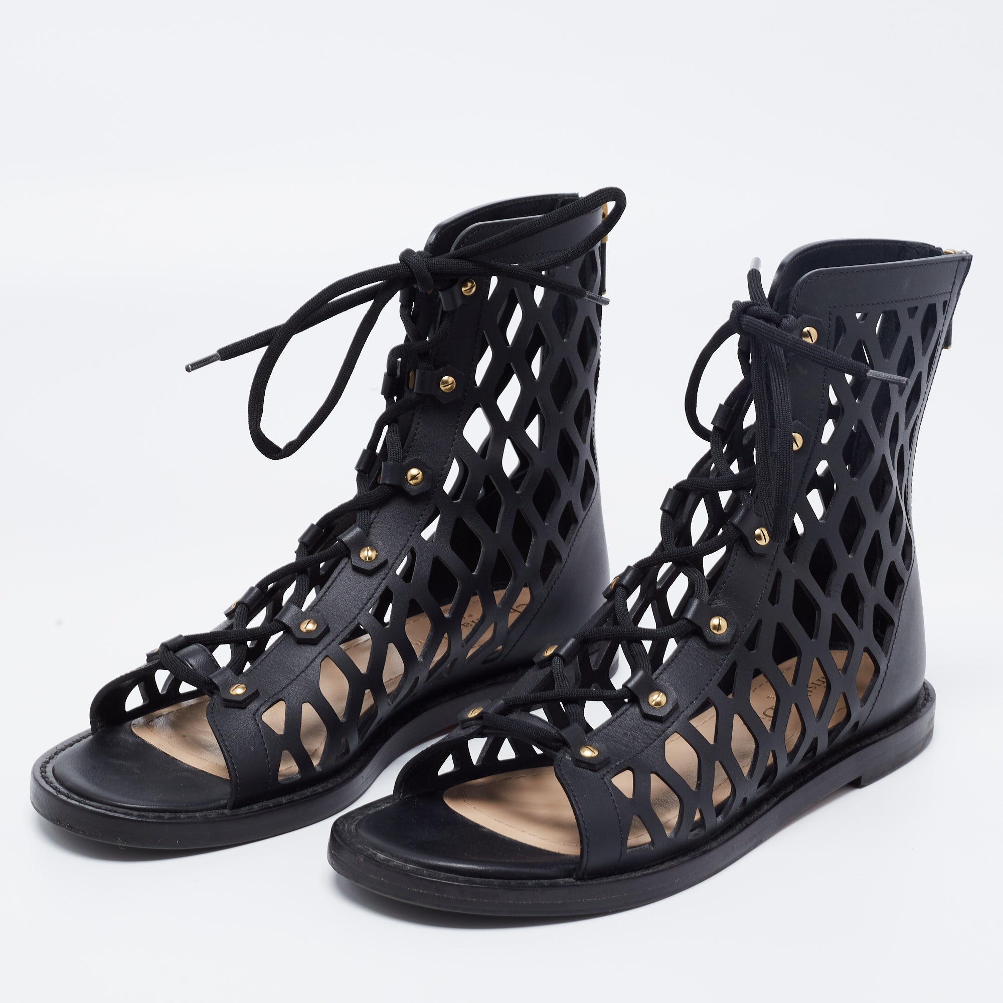 

Dior Black Leather D-trap Lace Up Flat Sandals Size