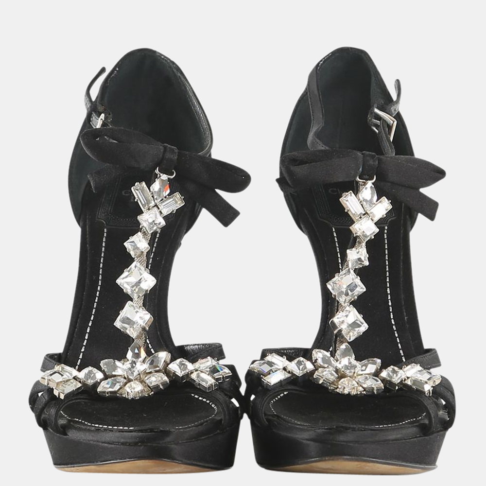 

Christian Dior Black Satin Crystal Bow Open Toe Sandals Size EU