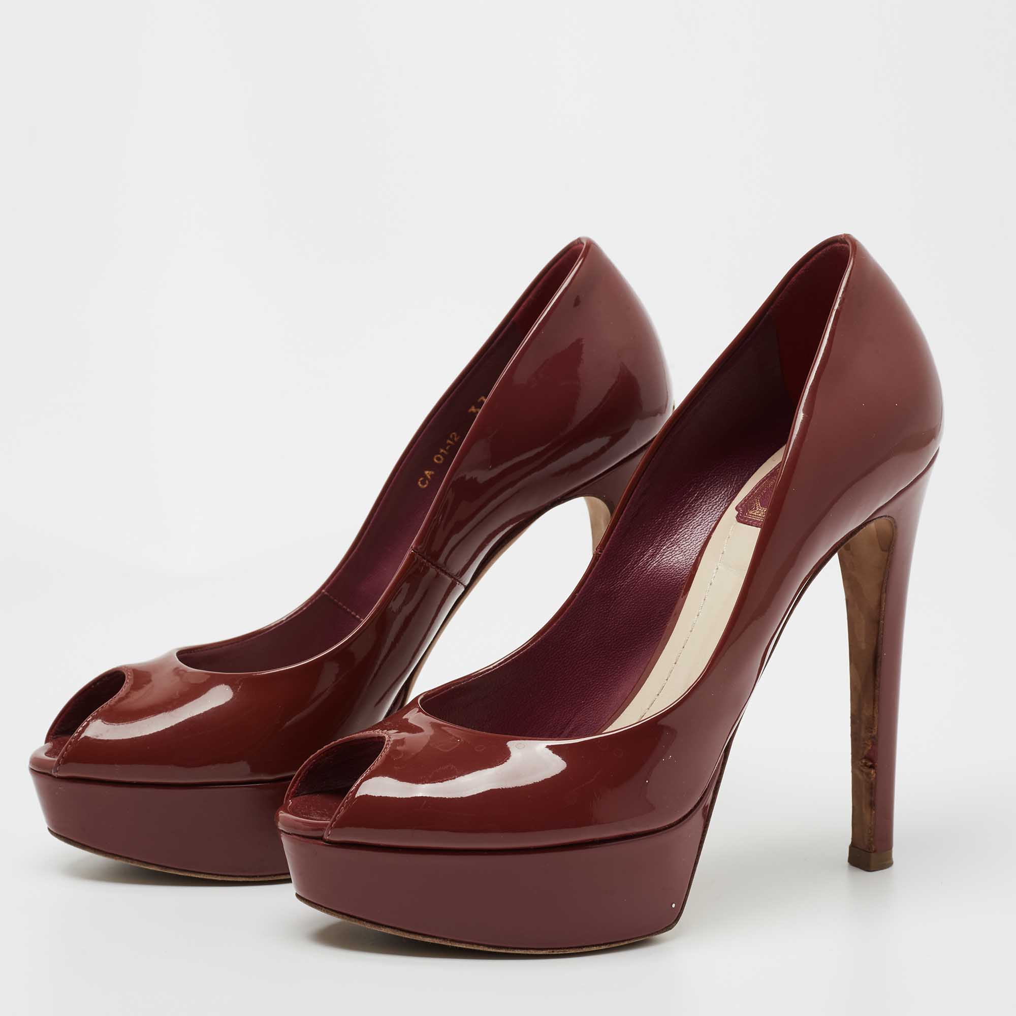 

Dior Brown Patent Leather Miss Dior Peep Toe Platform Pumps Size