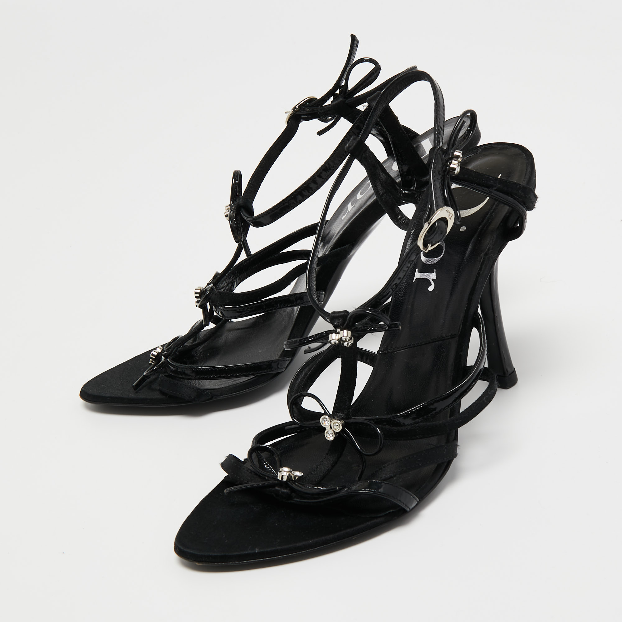 

Dior Black Satin Open Toe Strappy Bow Ankle Strap Sandals Size