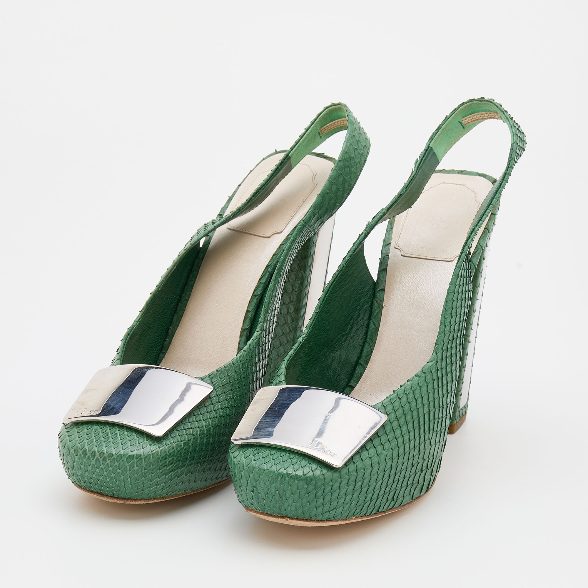 

Dior Green Python Embellished Platform Slingback Pumps Size