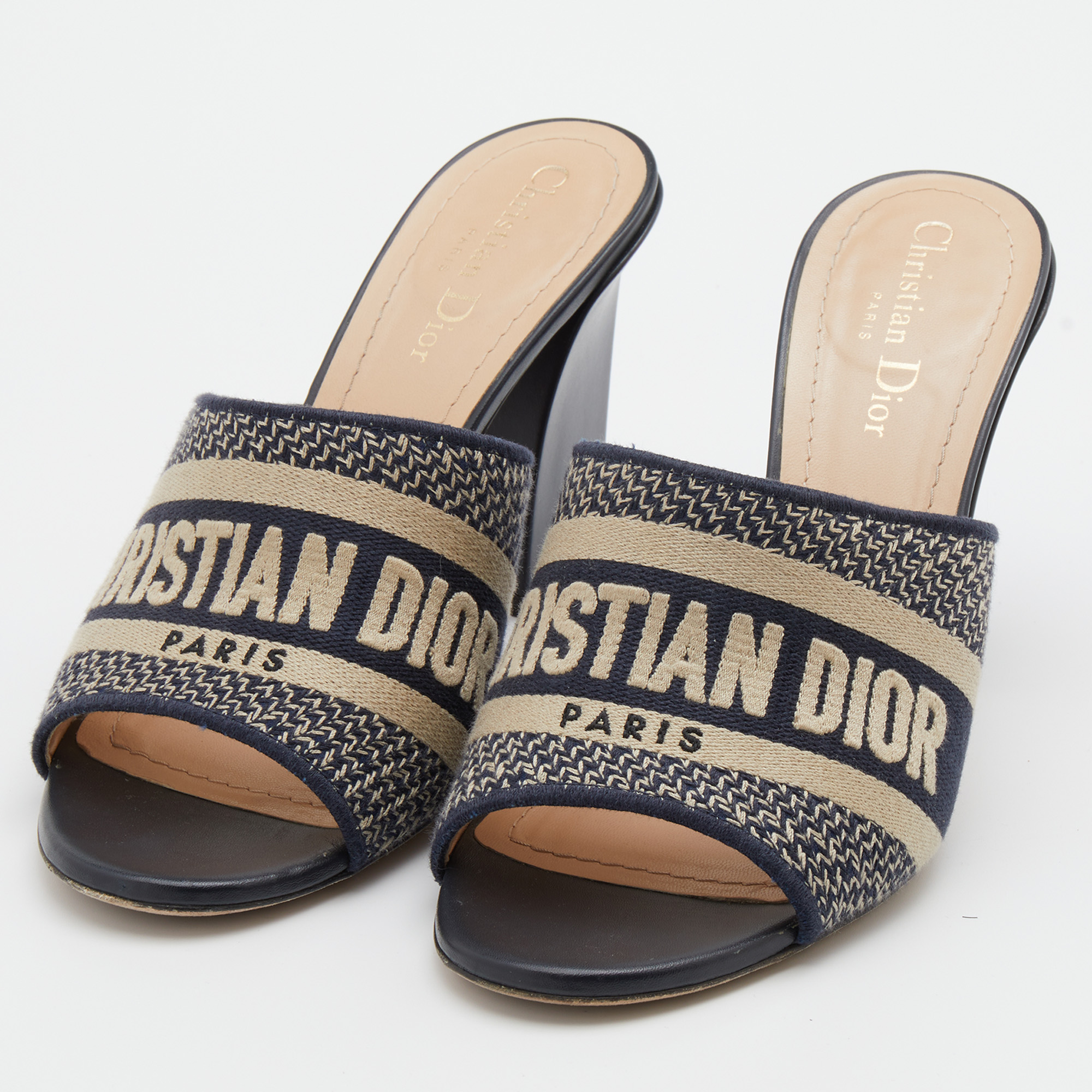 

Dior Navy Blue Canvas Dway Block Heel Slide Sandals Size