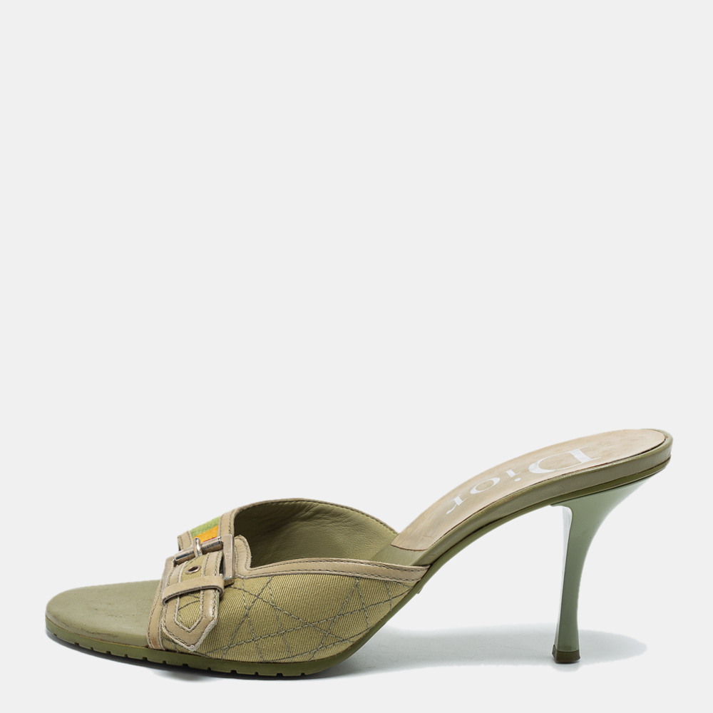 Pre Owned Dior Green Cannage Canvas Buckle Slide Sandals Size 39