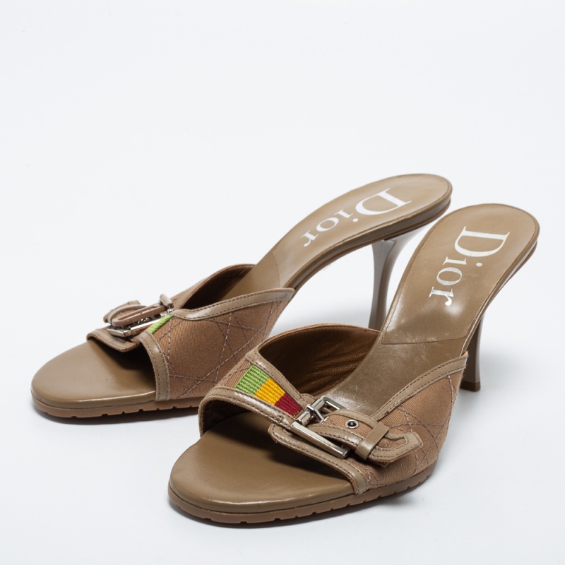 

Dior Light Brown Cannage Canvas Buckle Slide Sandals Size