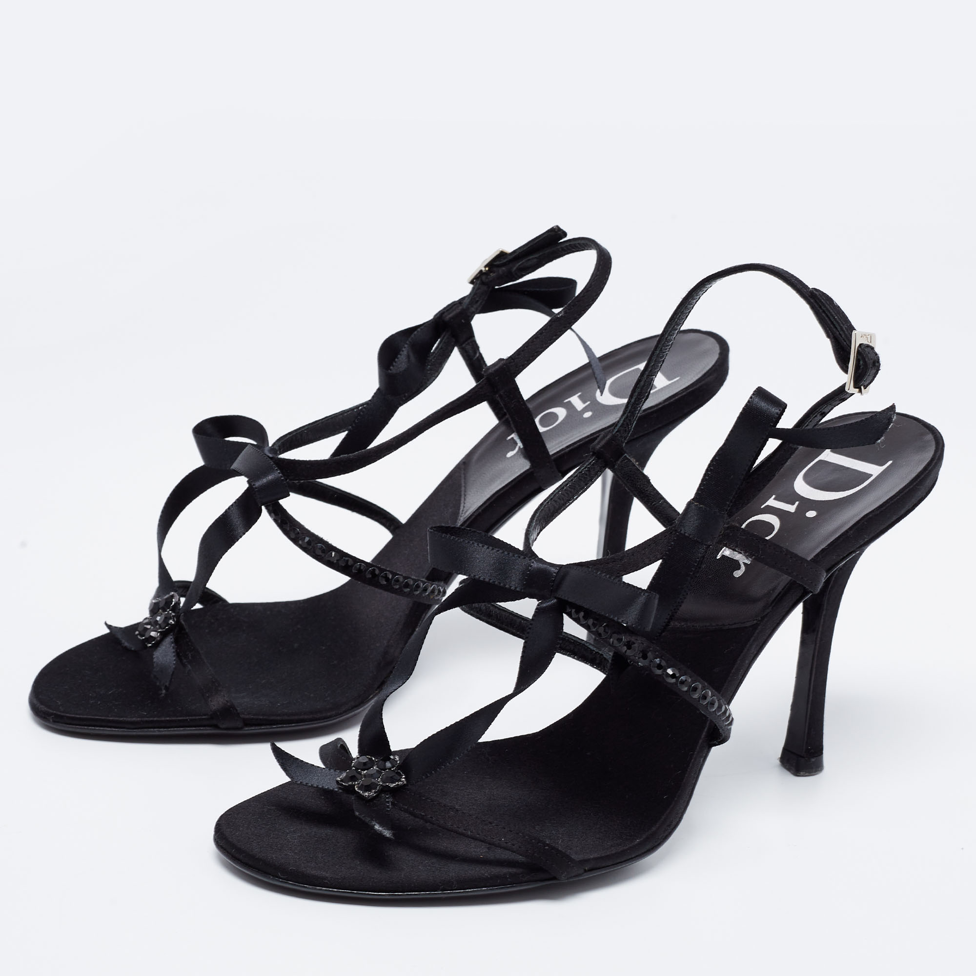 

Dior Black Crystal Embellished Satin and Ribbon Bow Ankle Strap Sandals Size