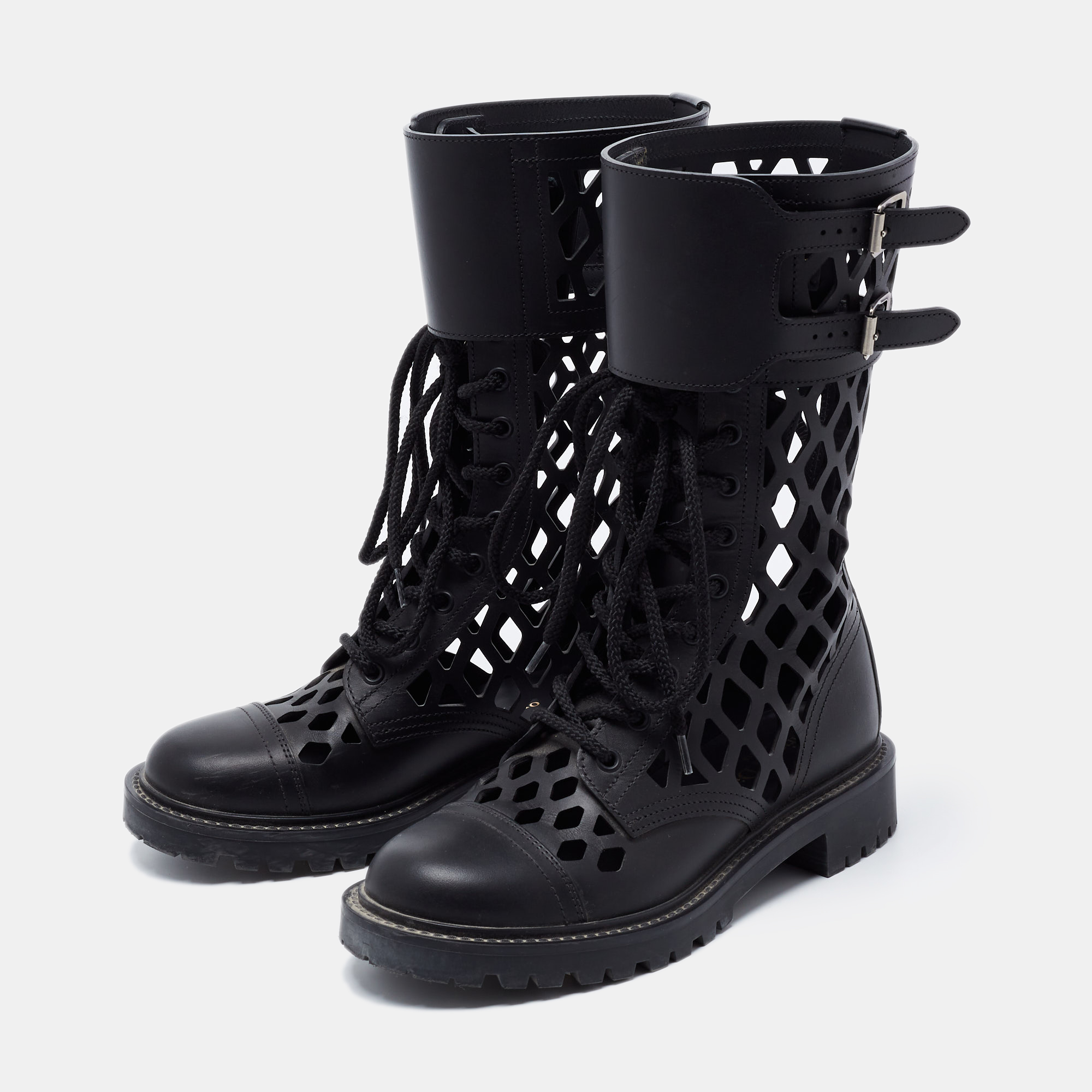 

Dior Black Leather Lasercut Accent Combat Boots Size