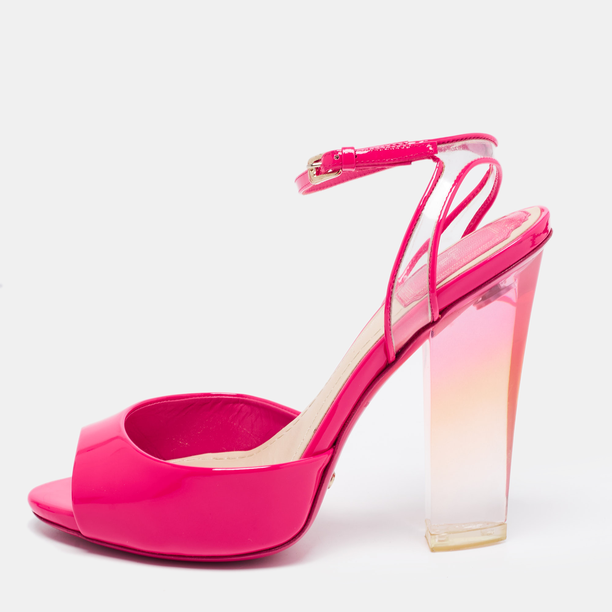 Pre-owned Dior Pink Patent Leather And Pvc Clear Block Heels Ankle-strap Sandals Size 35