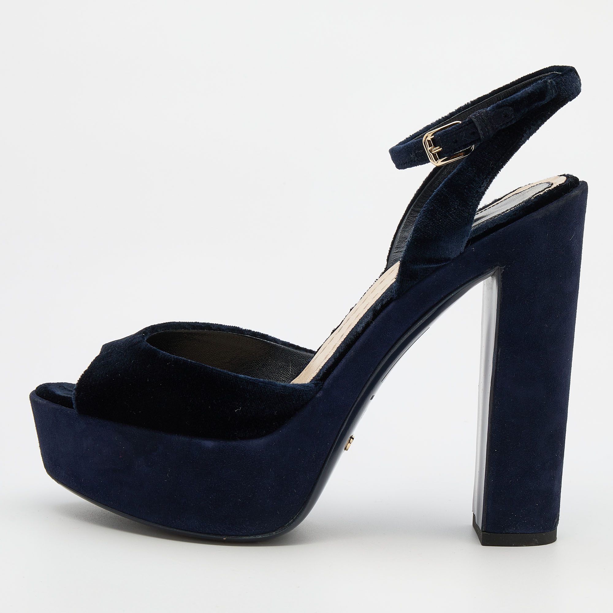 Pre-owned Dior Navy Blue Velvet Open Toe Platform Ankle Strap Sandals Size 38.5