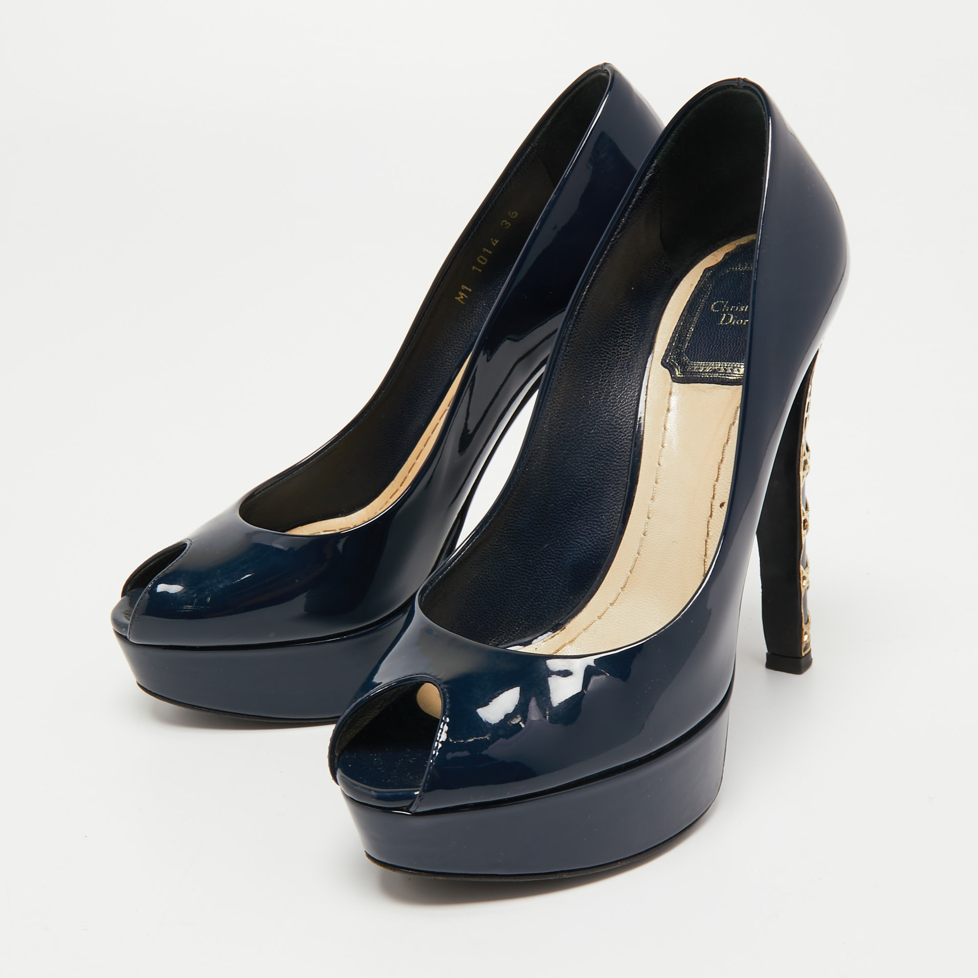 

Dior Navy Blue Patent Leather Cannage Heel Peep Toe Platform Pumps Size