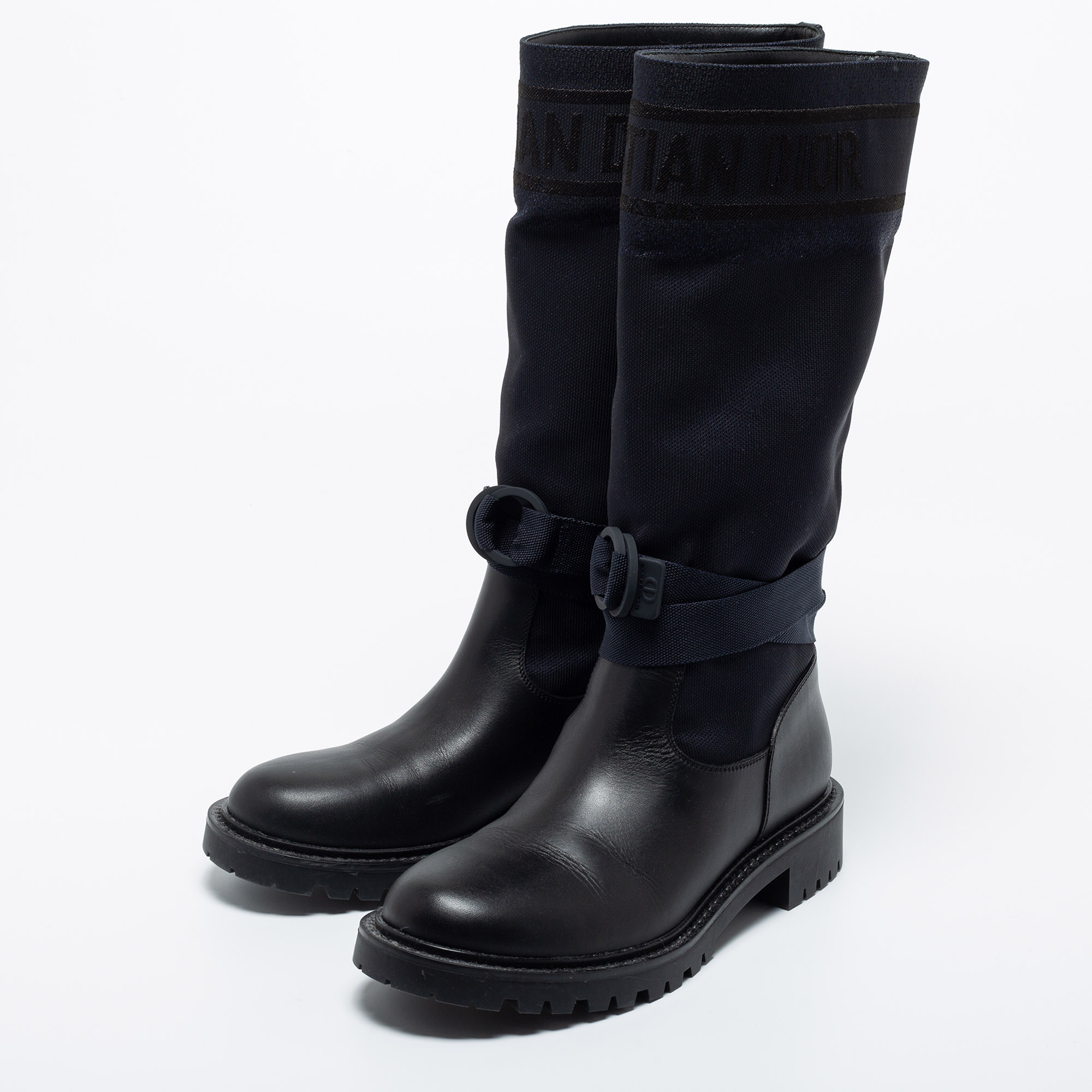 

Dior Black/Navy Blue Leather and Canvas D-Major Calf Boots Size
