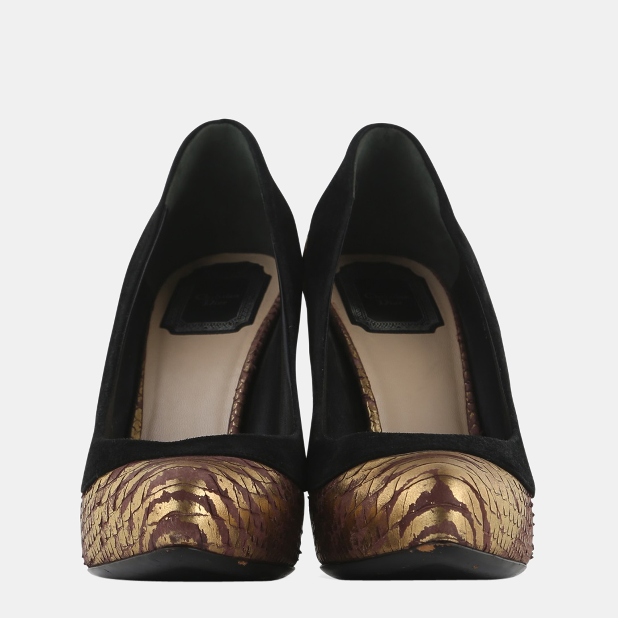 

Dior Black And Gold Suede/Python Almond Toe Pumps
