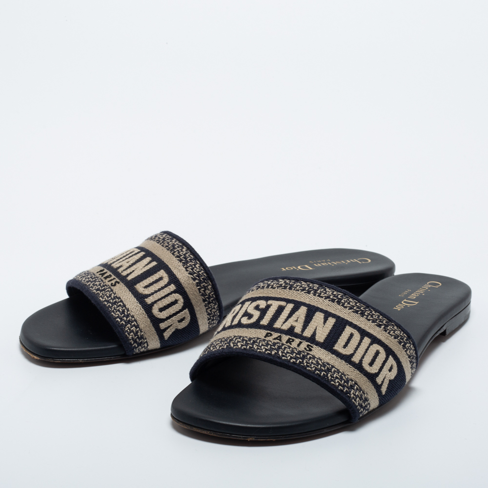 

Dior Navy Blue Embroidered Canvas Dway Flat Slides Size
