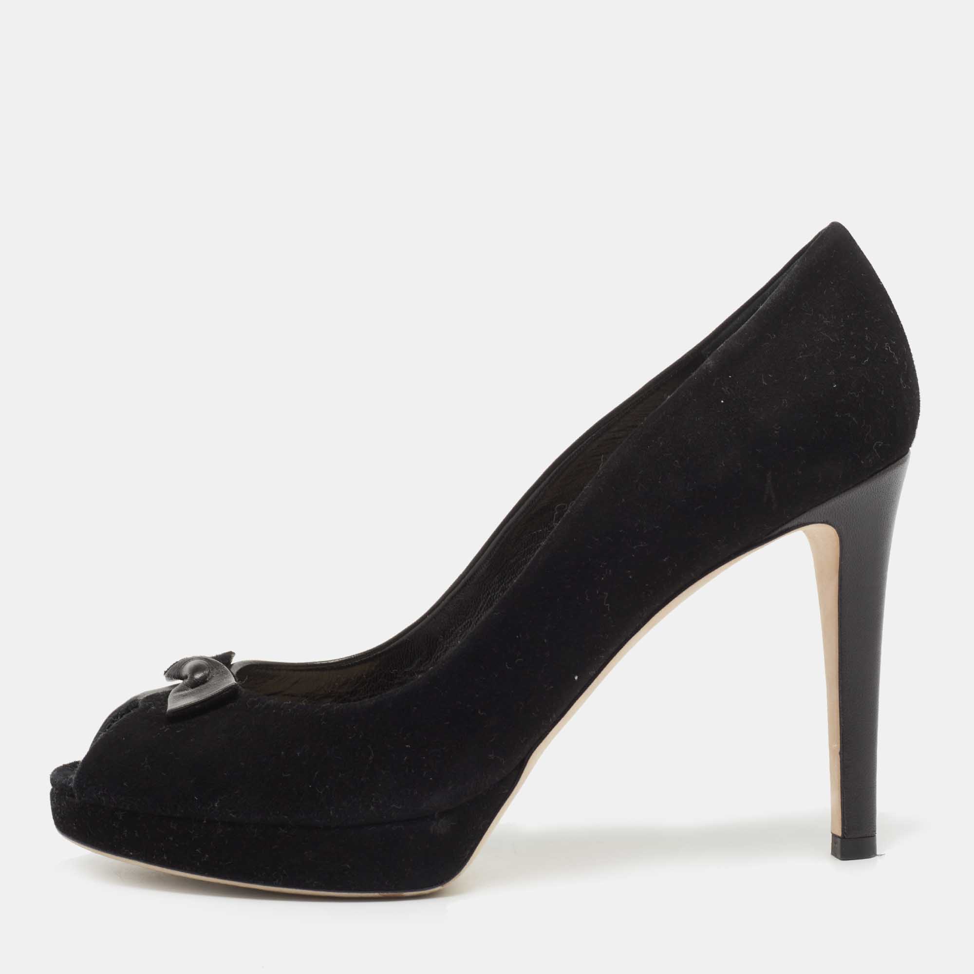 Pre Owned Dior Black Leather and Suede Twisted Bow Peep Toe Platform Pumps Size 41.5