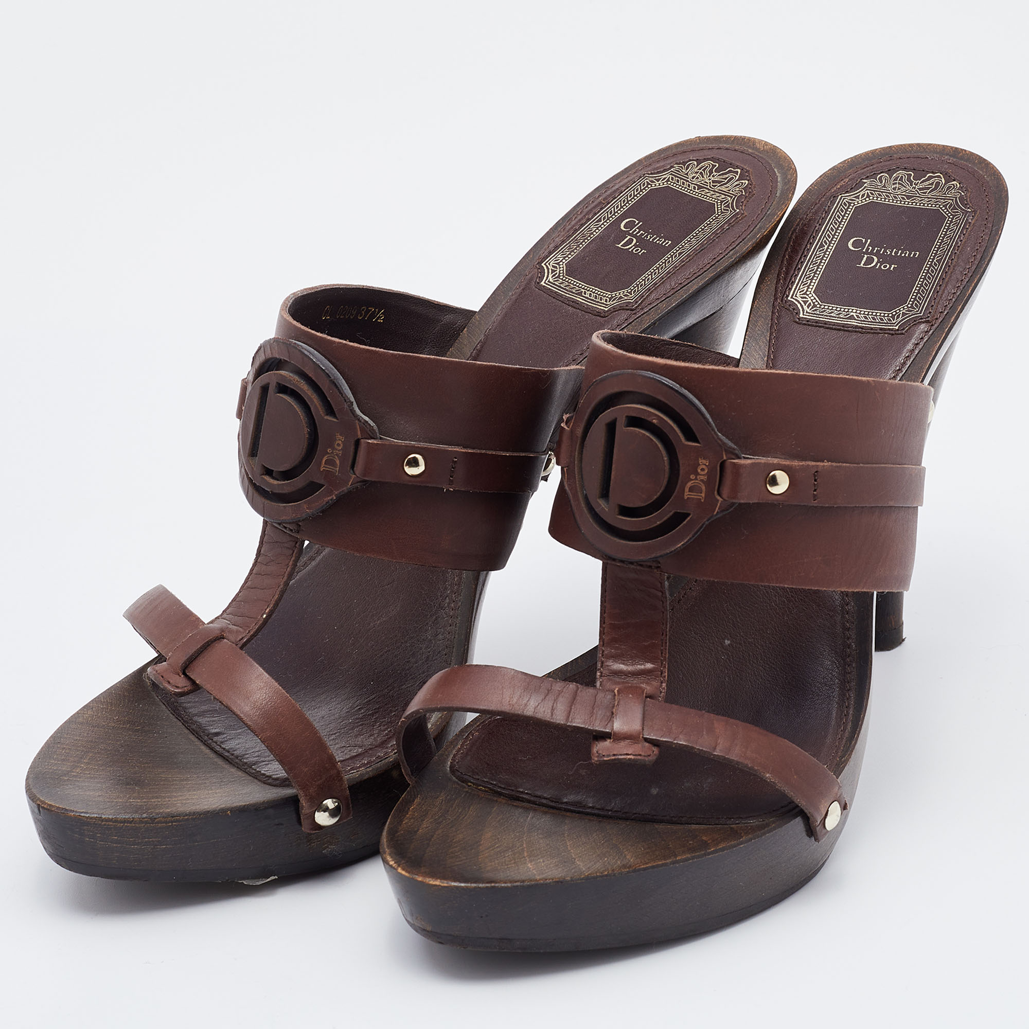

Dior Dark Brown Leather Wooden Heel Platform Sandals Size