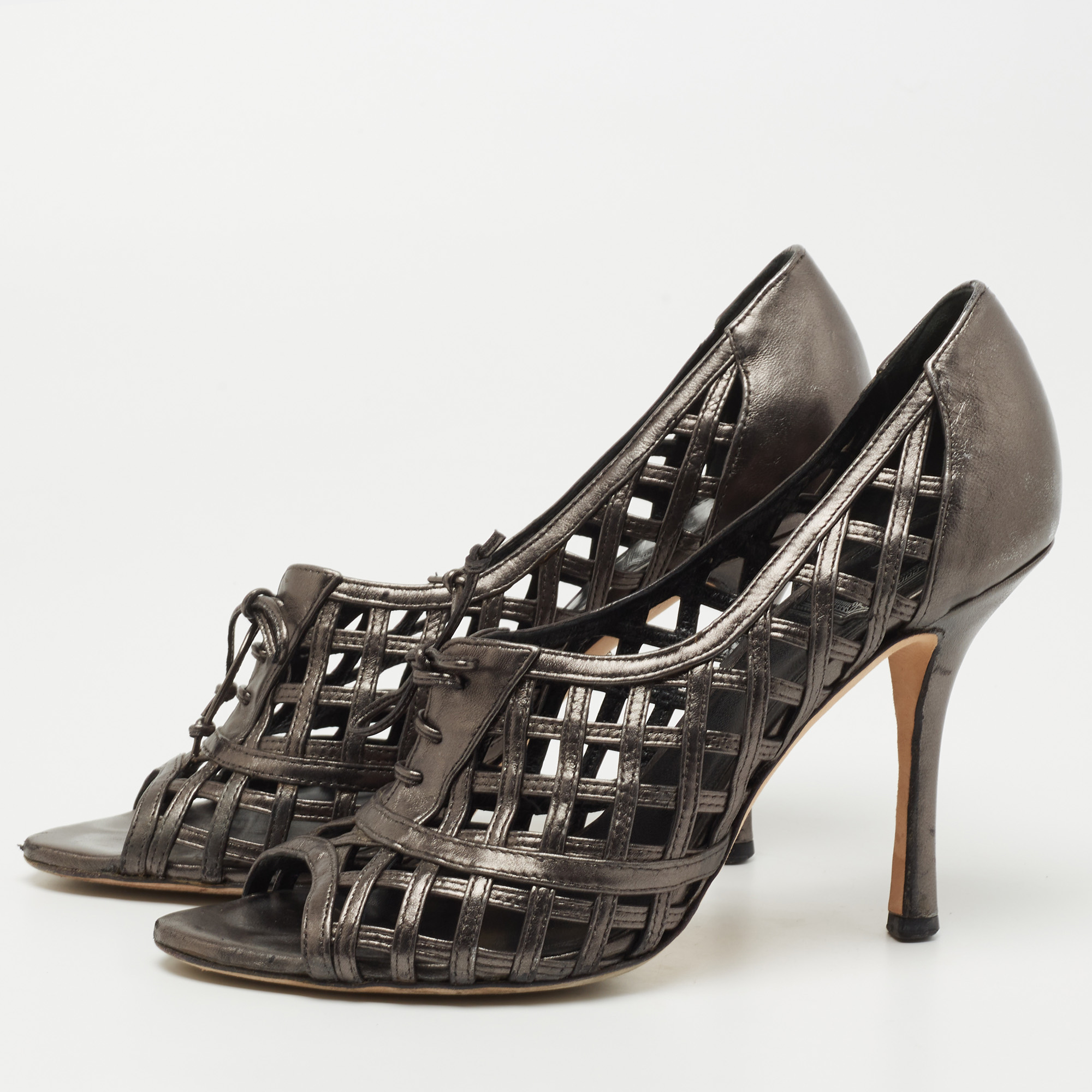 

Dior Metallic Grey Leather Open Toe Caged Pumps Size