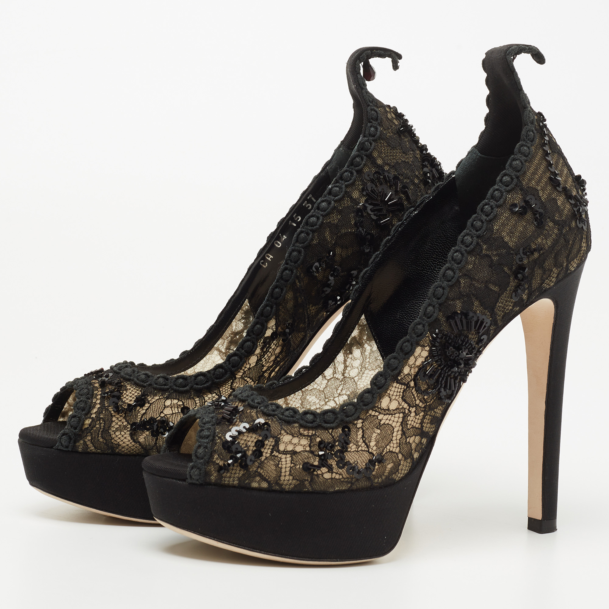 

Dior Black Lace and Mesh Embellished Pampille Peep Toe Platform Pumps Size