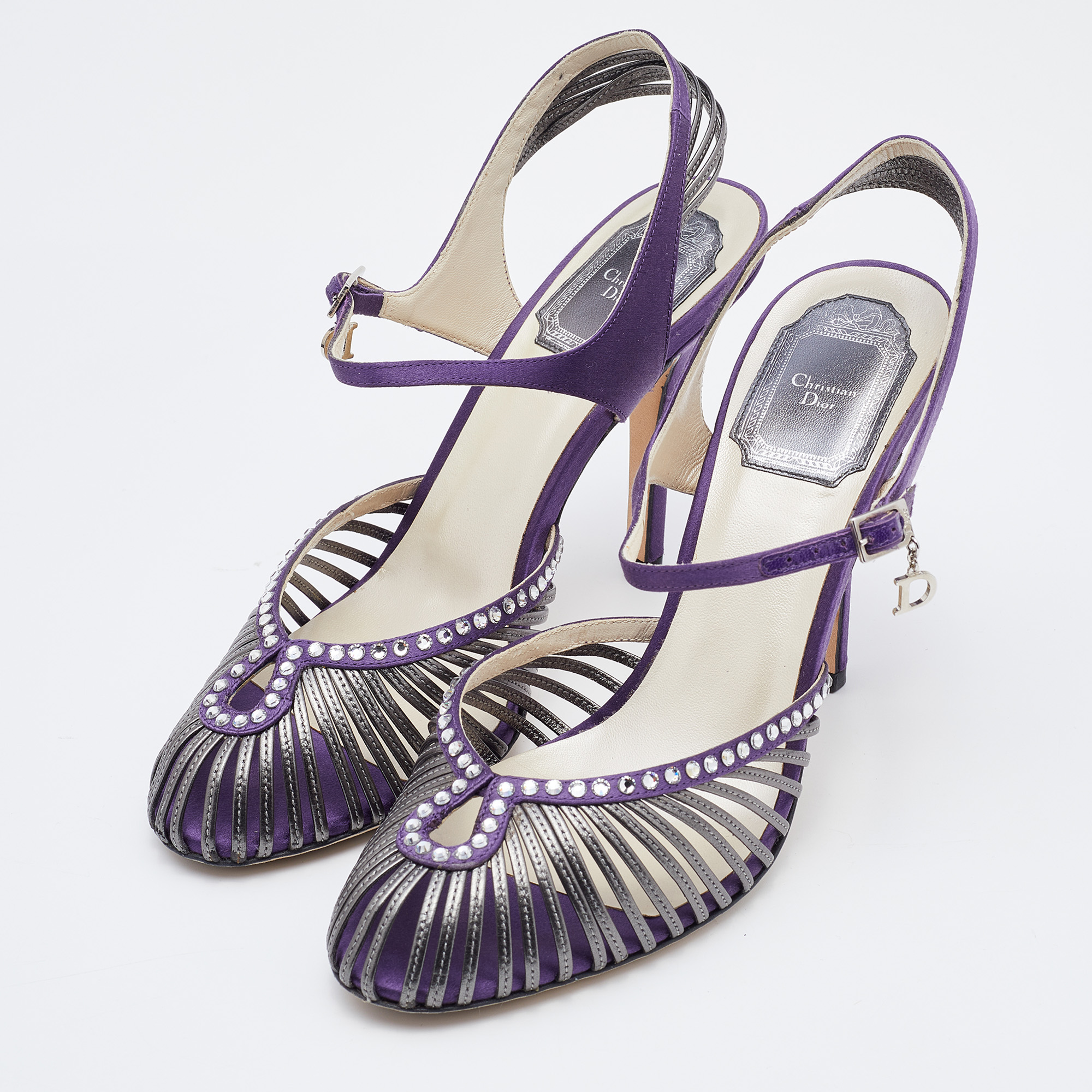 

Dior Purple/Silver Satin and Leather Strappy Sandals Size