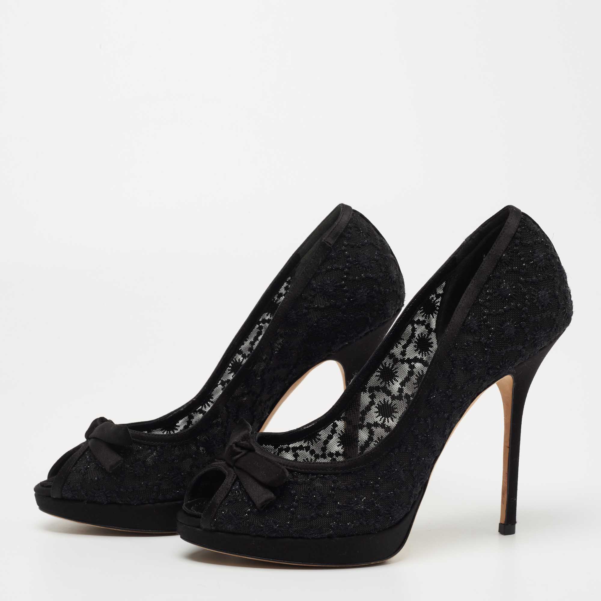 

Dior Black Satin And Mesh Bow Peep Toe Pumps Size