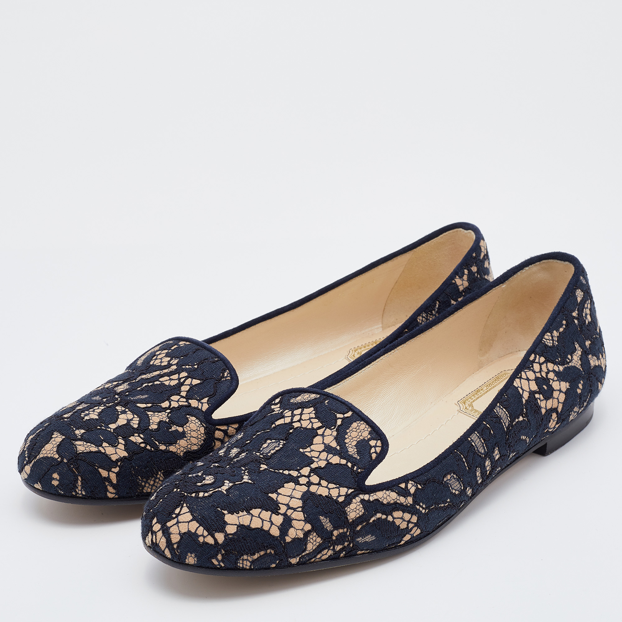 

Dior Navy Blue/Beige Floral Lace and Suede Smoking Slippers Size