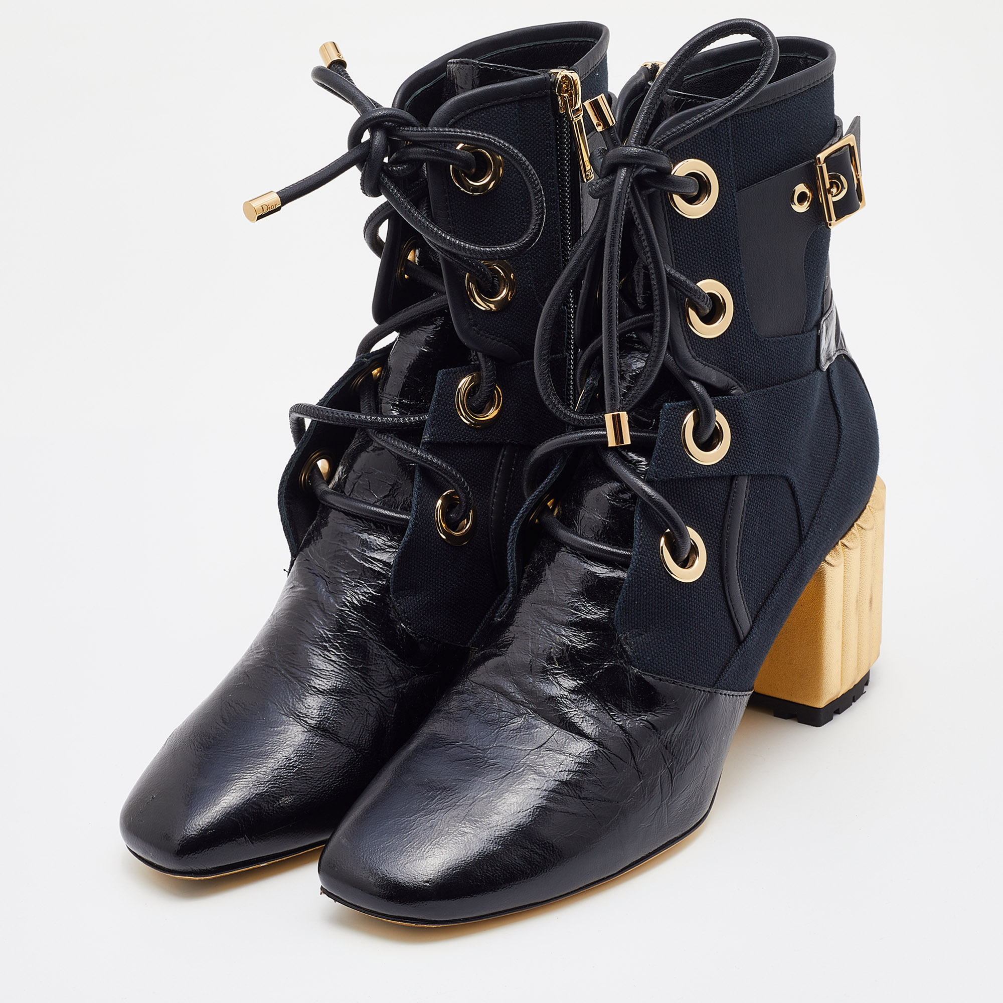 

Dior Navy Blue/Black Canvas and Leather Glorious Lace Up Ankle Length Boots Size