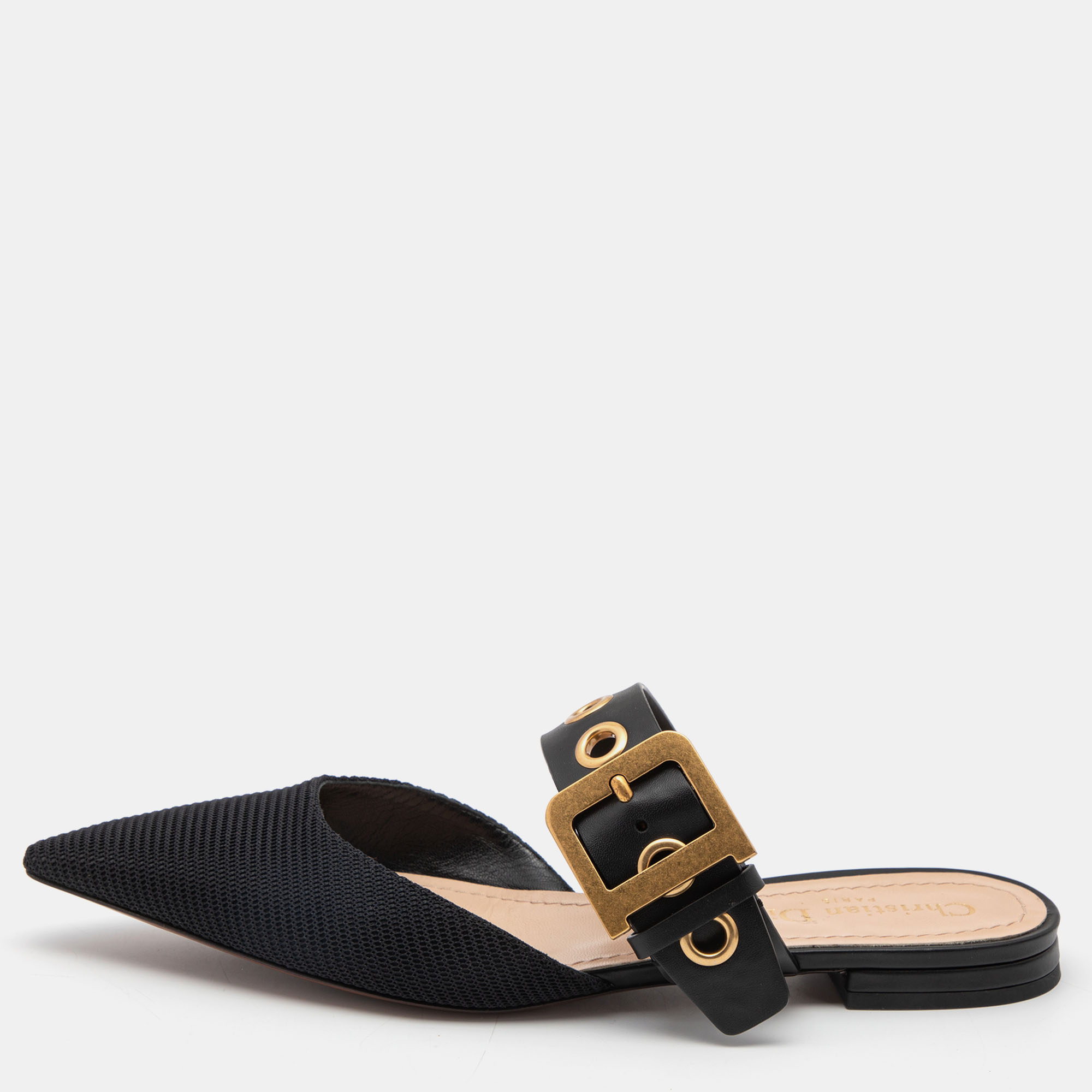 Pre Owned Dior Black Fabric and Leather D Dior Flat Mules Size 38