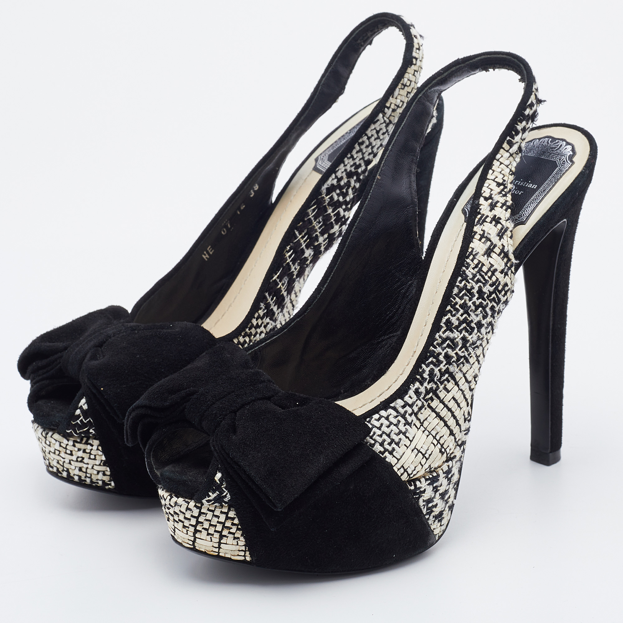 

Dior Black Woven Fabric and Suede Bow Peep Toe Slingback Platform Pumps Size