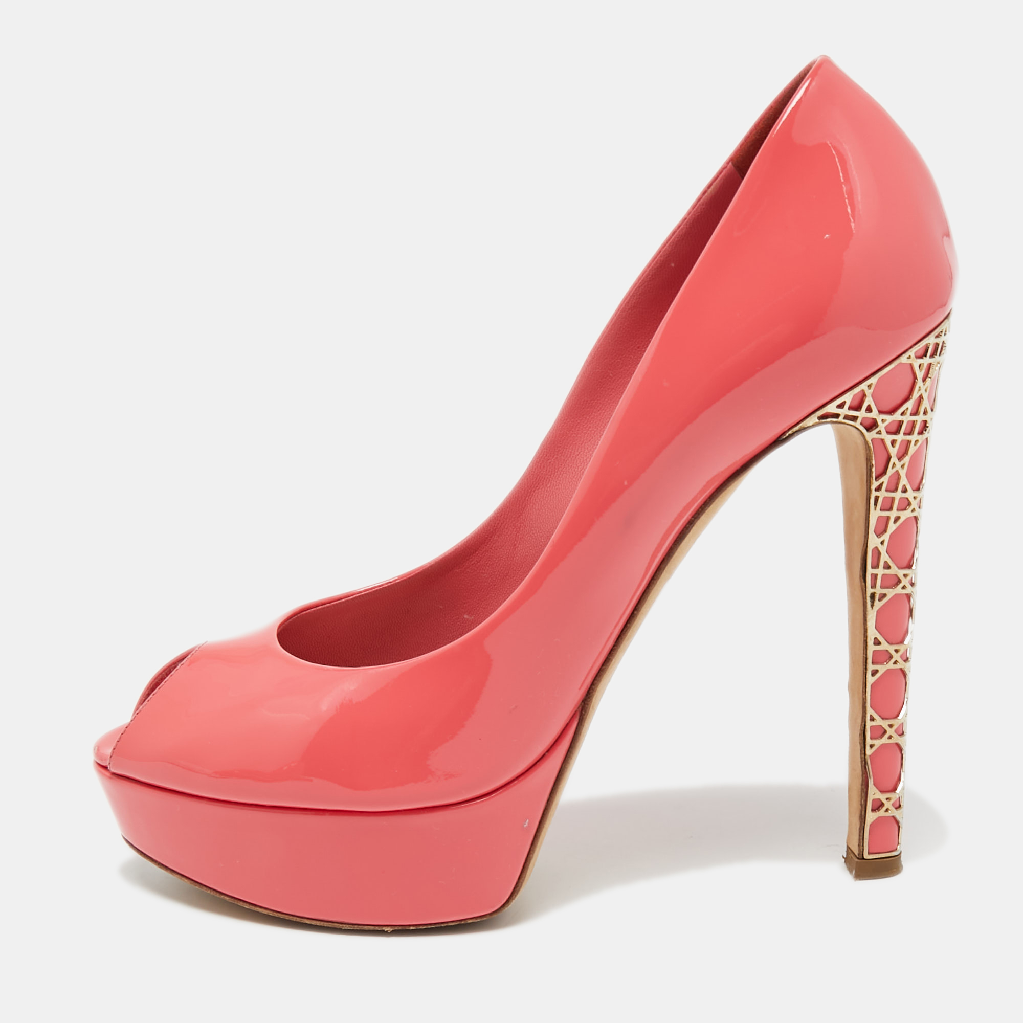 

Dior Pink Patent Leather Cannage Heel Peep Toe Platform Pumps Size