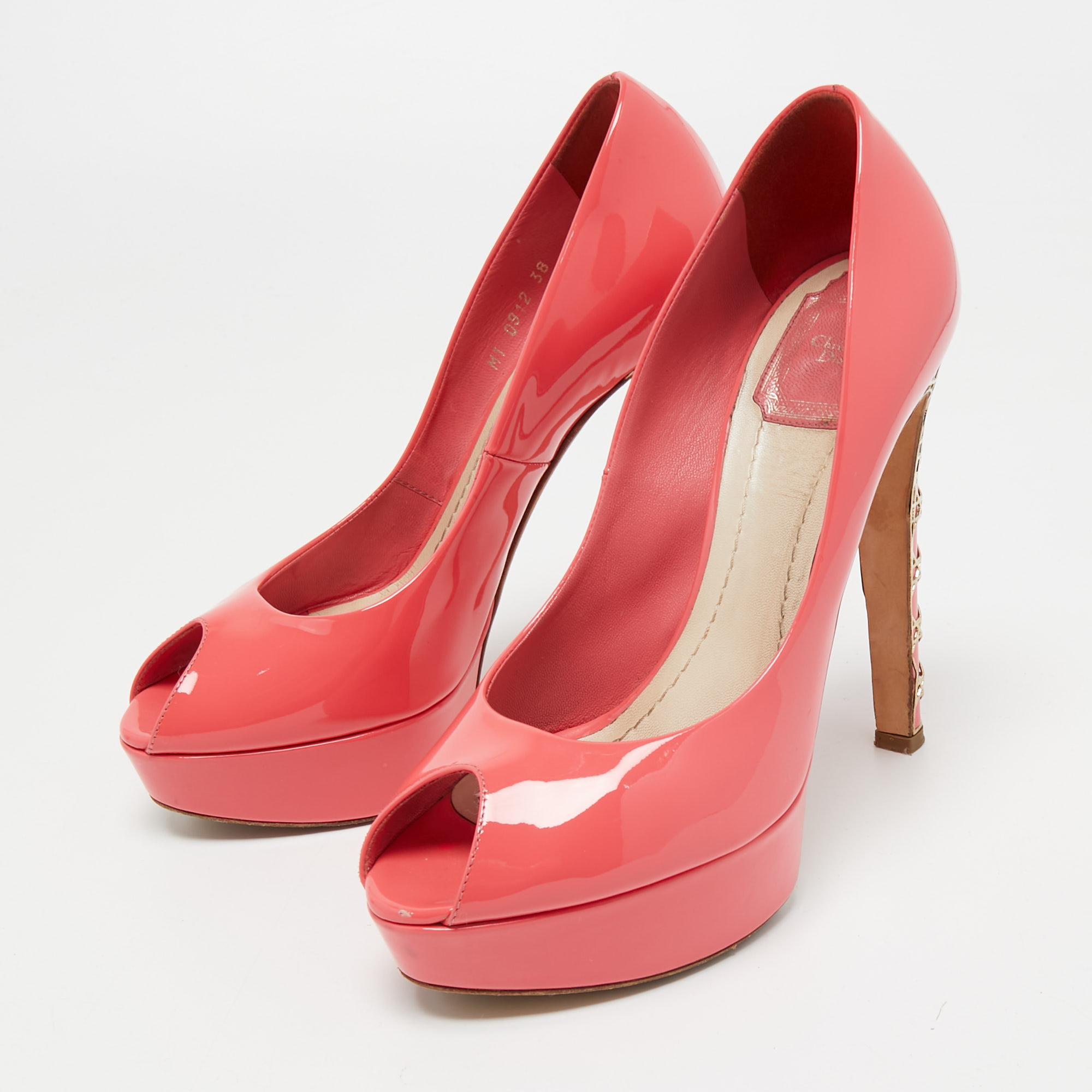 

Dior Pink Patent Leather Cannage Heel Peep Toe Platform Pumps Size