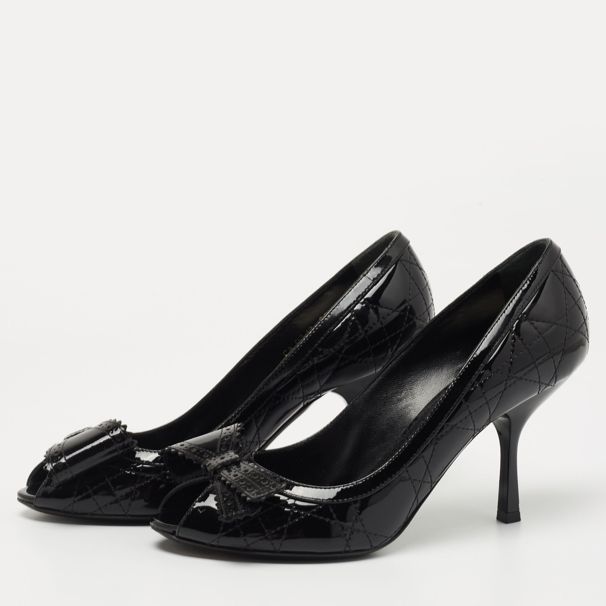 

Christian Dior Black Patent Cannage Leather Bow Peep Toe Pumps Size