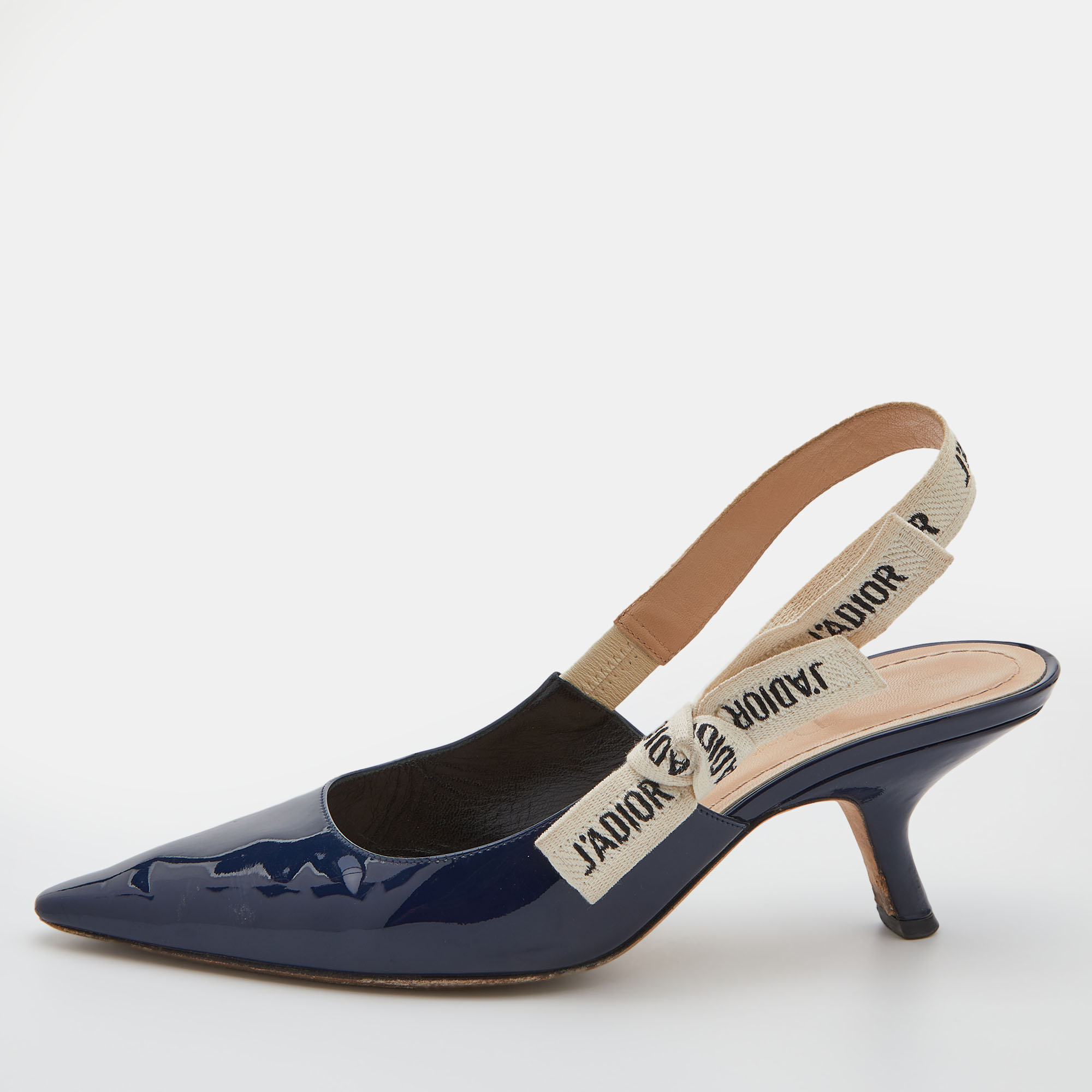Dior Navy Blue Patent Leather J'adior Pointed Toe Slingback Pumps Size ...