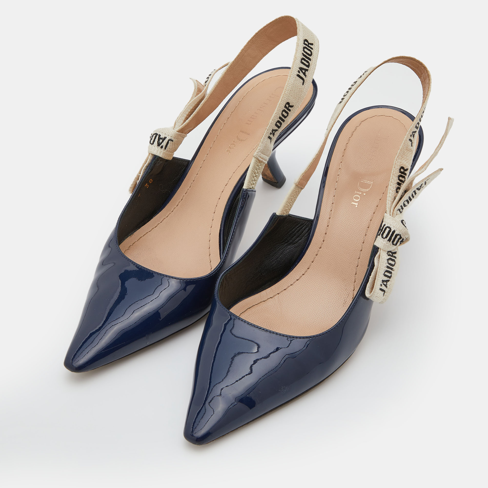 

Dior Navy Blue Patent Leather J'adior Pointed Toe Slingback Pumps Size