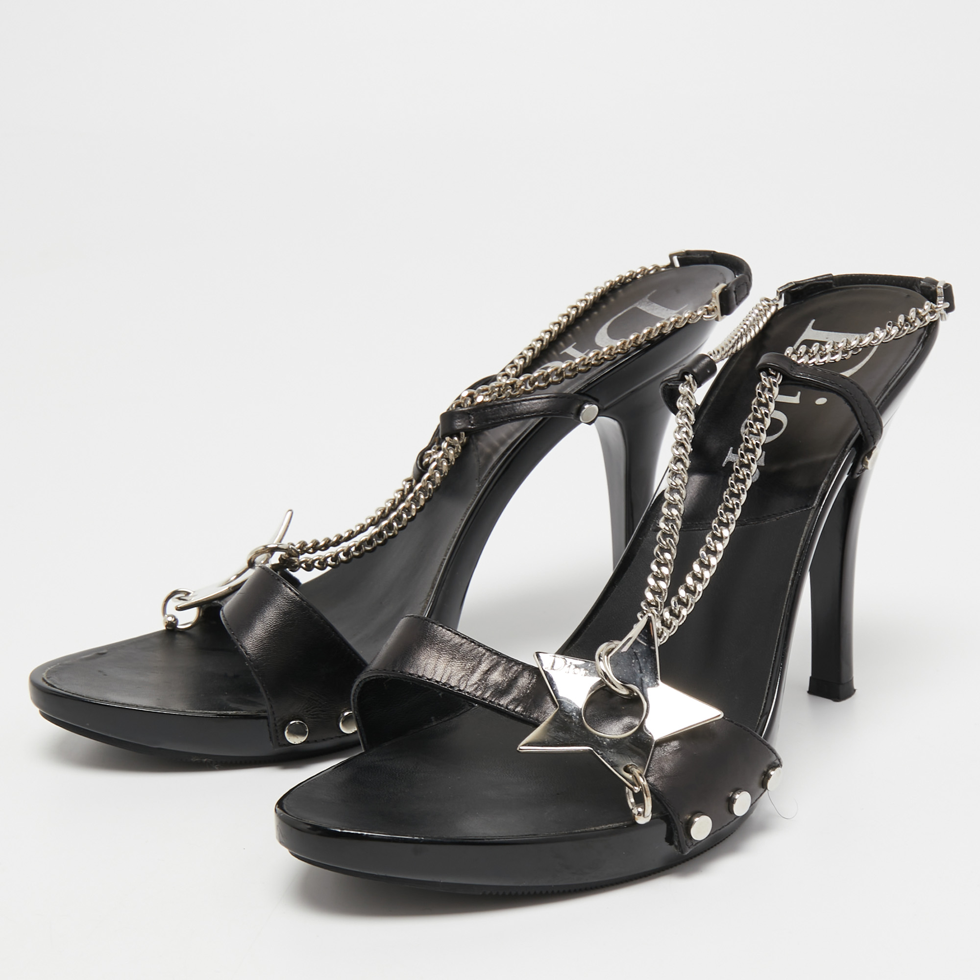 

Dior Black Leather Star Embellished Chain Slingback Sandals Size