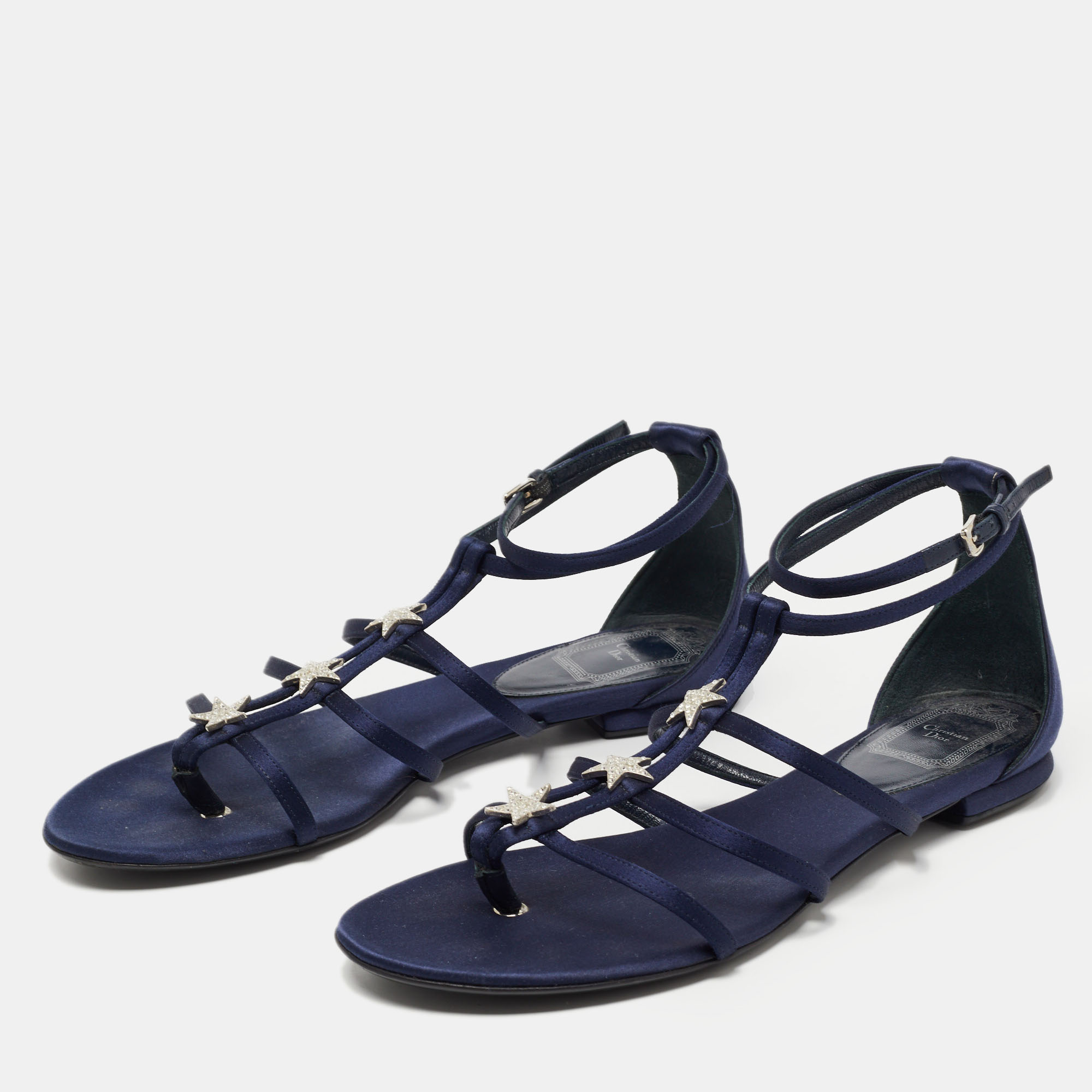 

Dior Navy Blue Satin Crystal Embellished Star Flat Ankle Strap Sandals Size