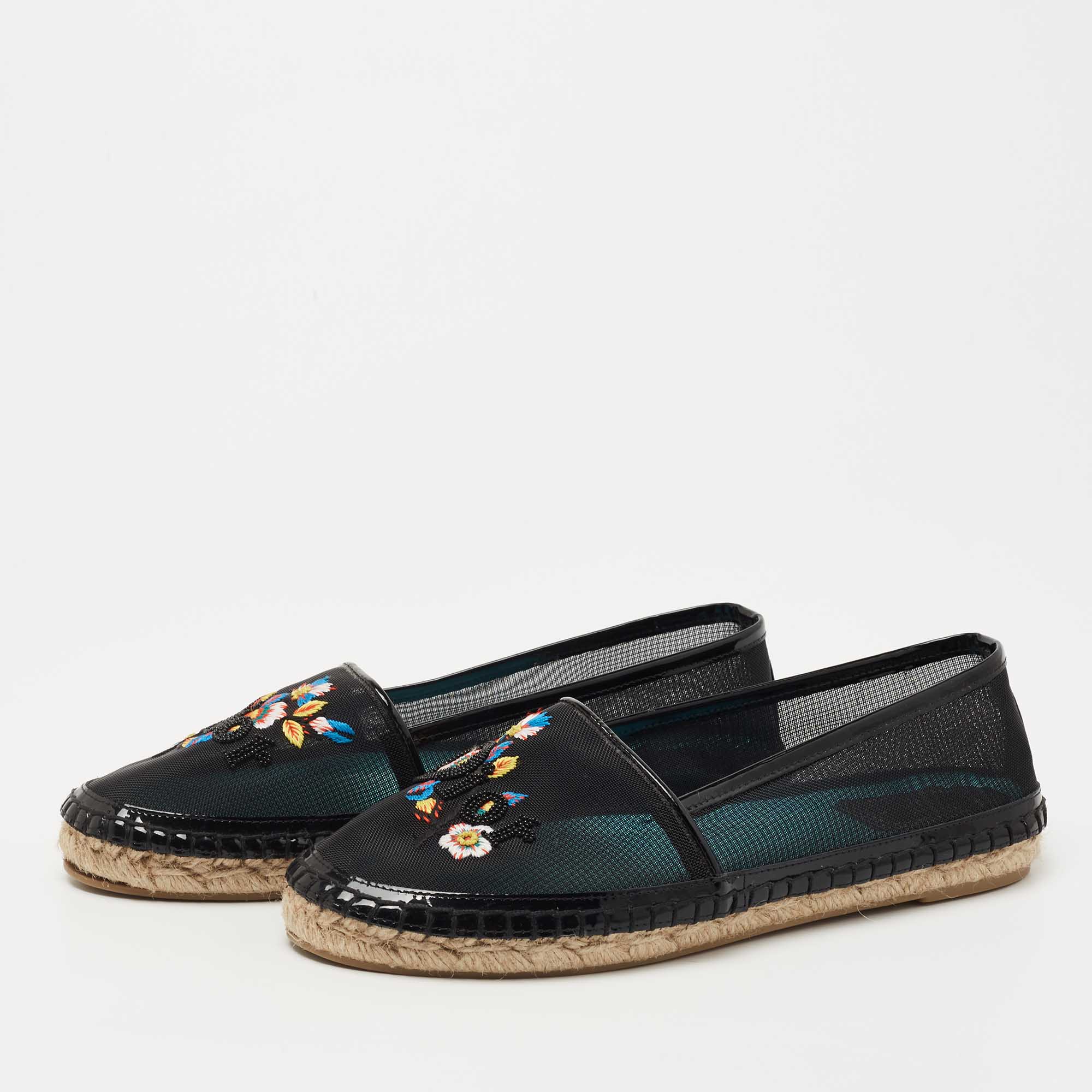 

Dior Black Mesh and Patent Riviera Embroidered Espadrille Flats Size