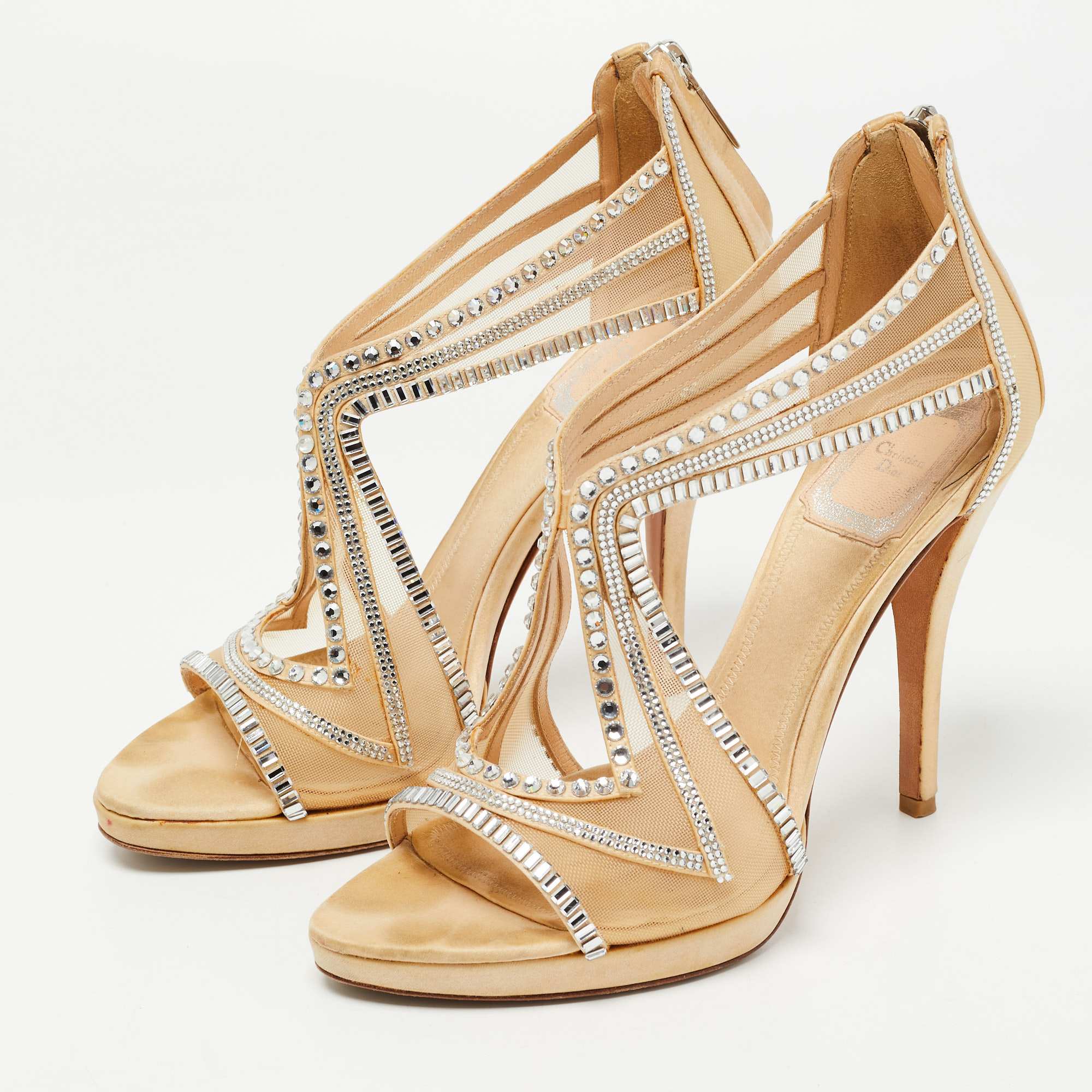 

Dior Beige Satin Crystals Embellished Cut Out Sandals Size