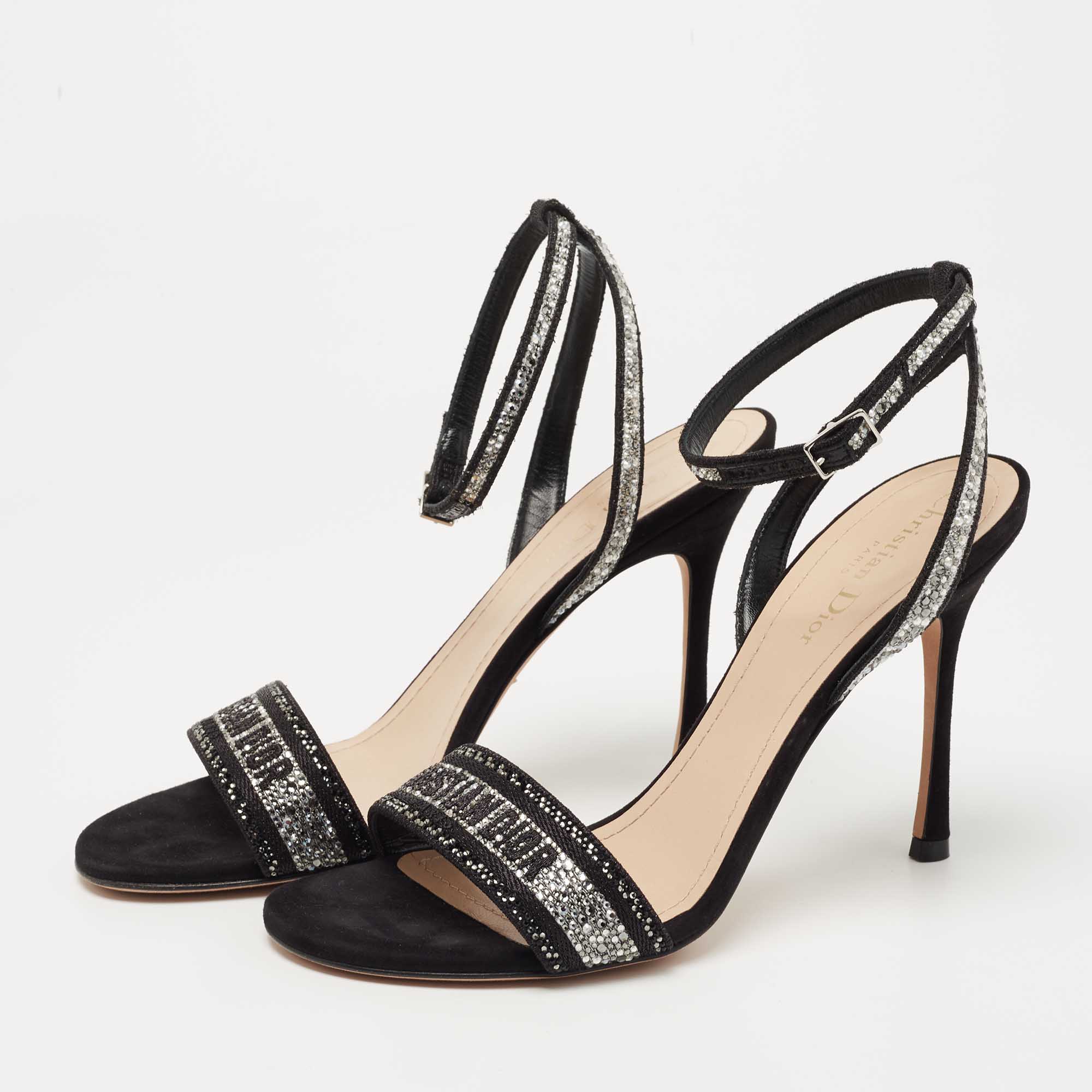 

Dior Black/Silver Crystal Embellished Embroidered Canvas Dway Ankle Strap Sandals Size