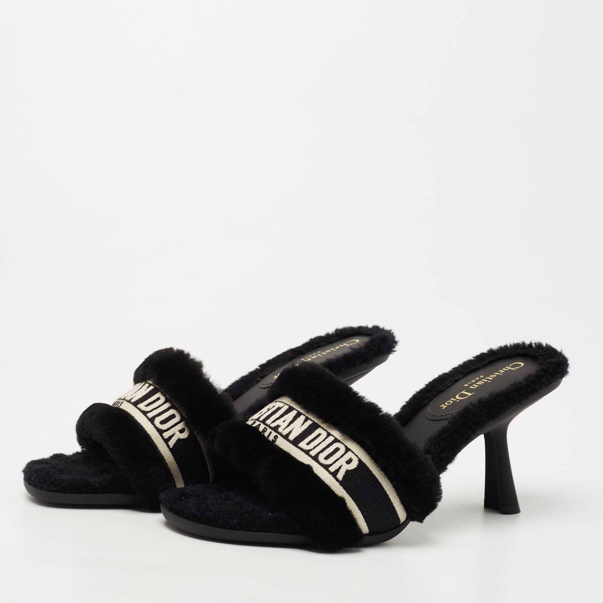 

Dior Black Shearling Fur and Embroidered Canvas Dway Slide Sandals Size