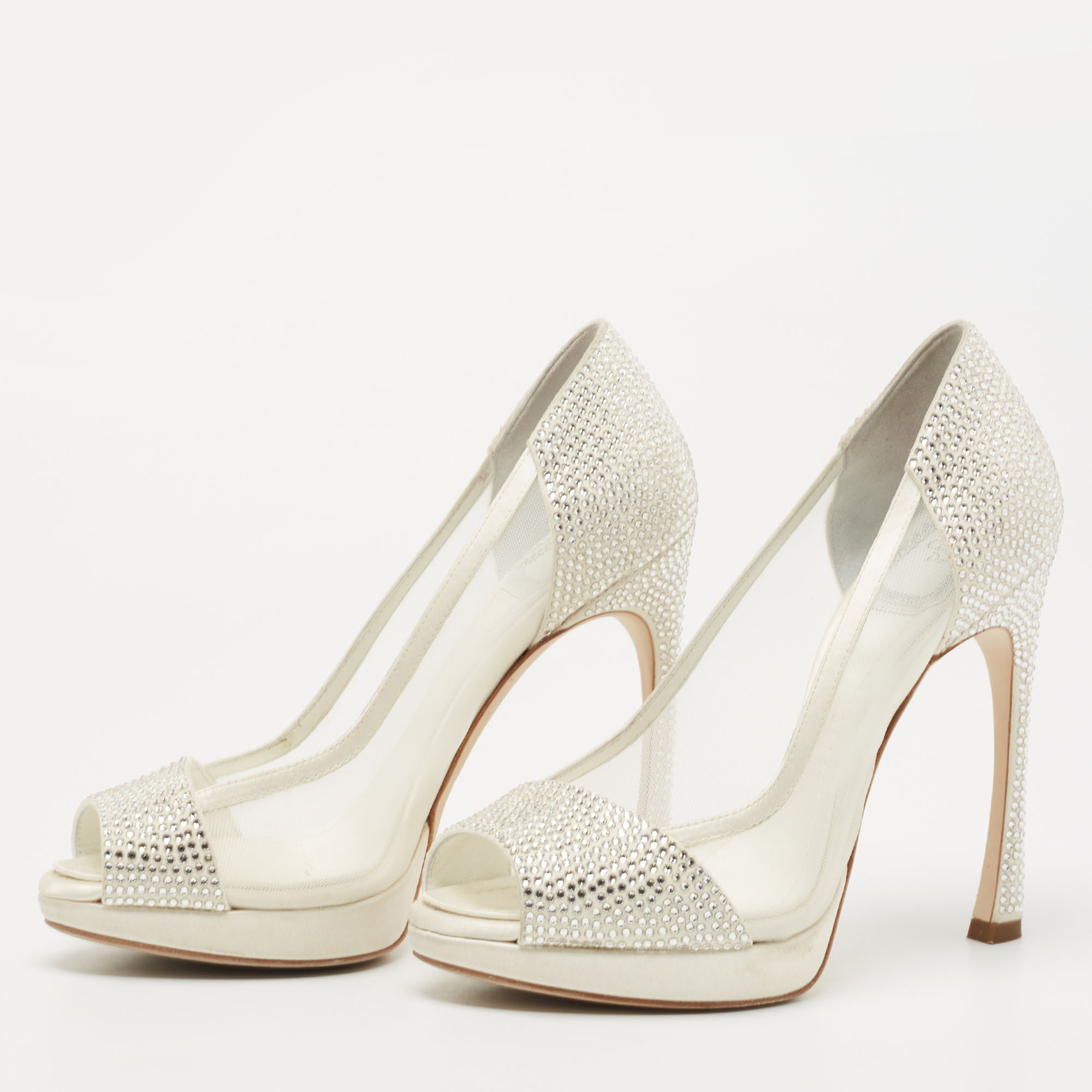 

Dior White Satin and Mesh Crystal Embellished Peep Toe Pumps Size