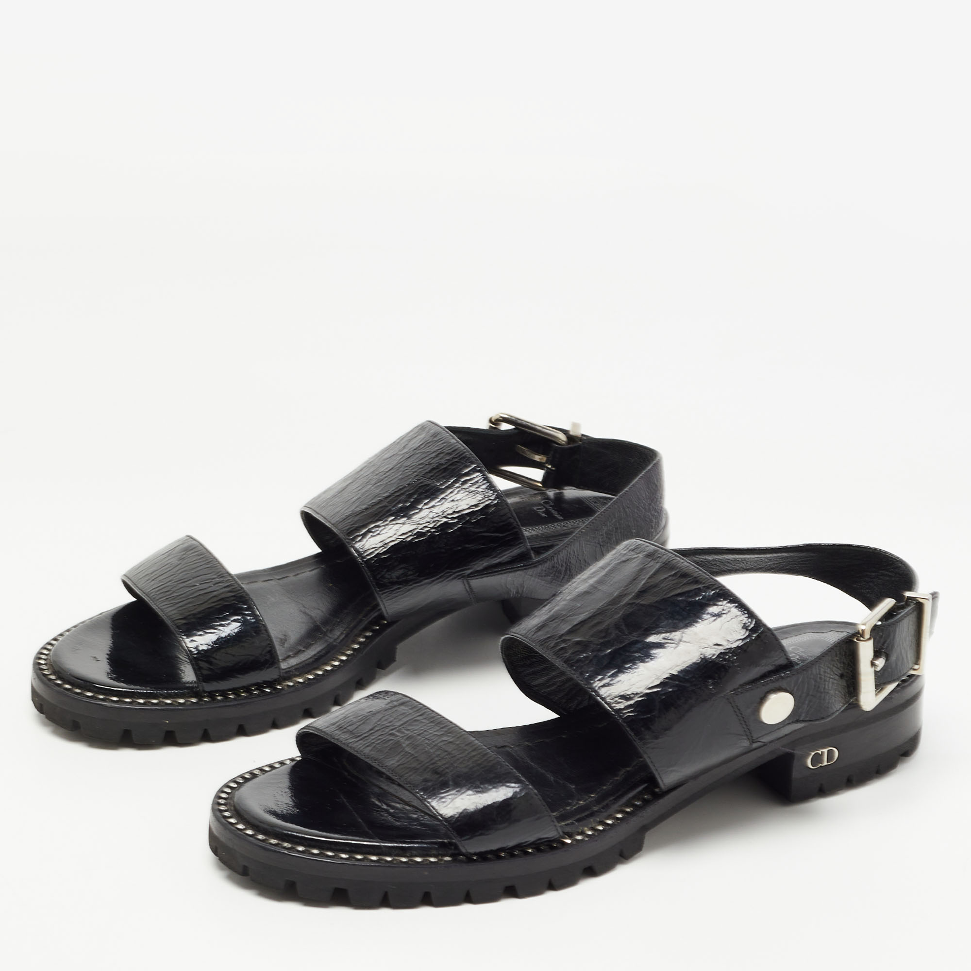 

Christian Dior Black Texture Leather Slingback Sandals Size