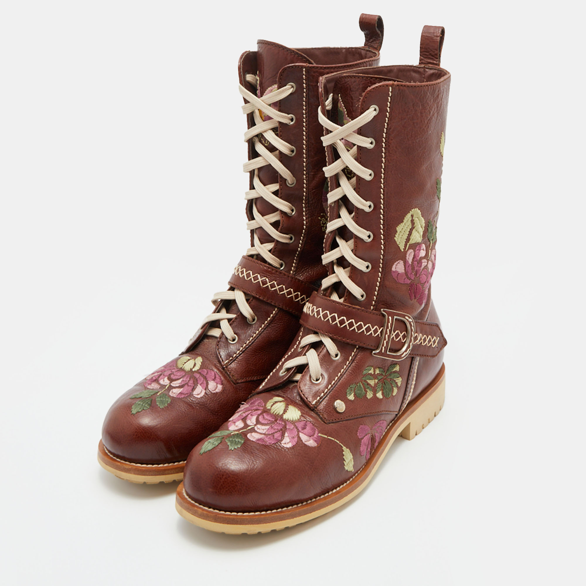 

Dior Brown Leather Floral and Butterfly Embroidered Combat Boots Size