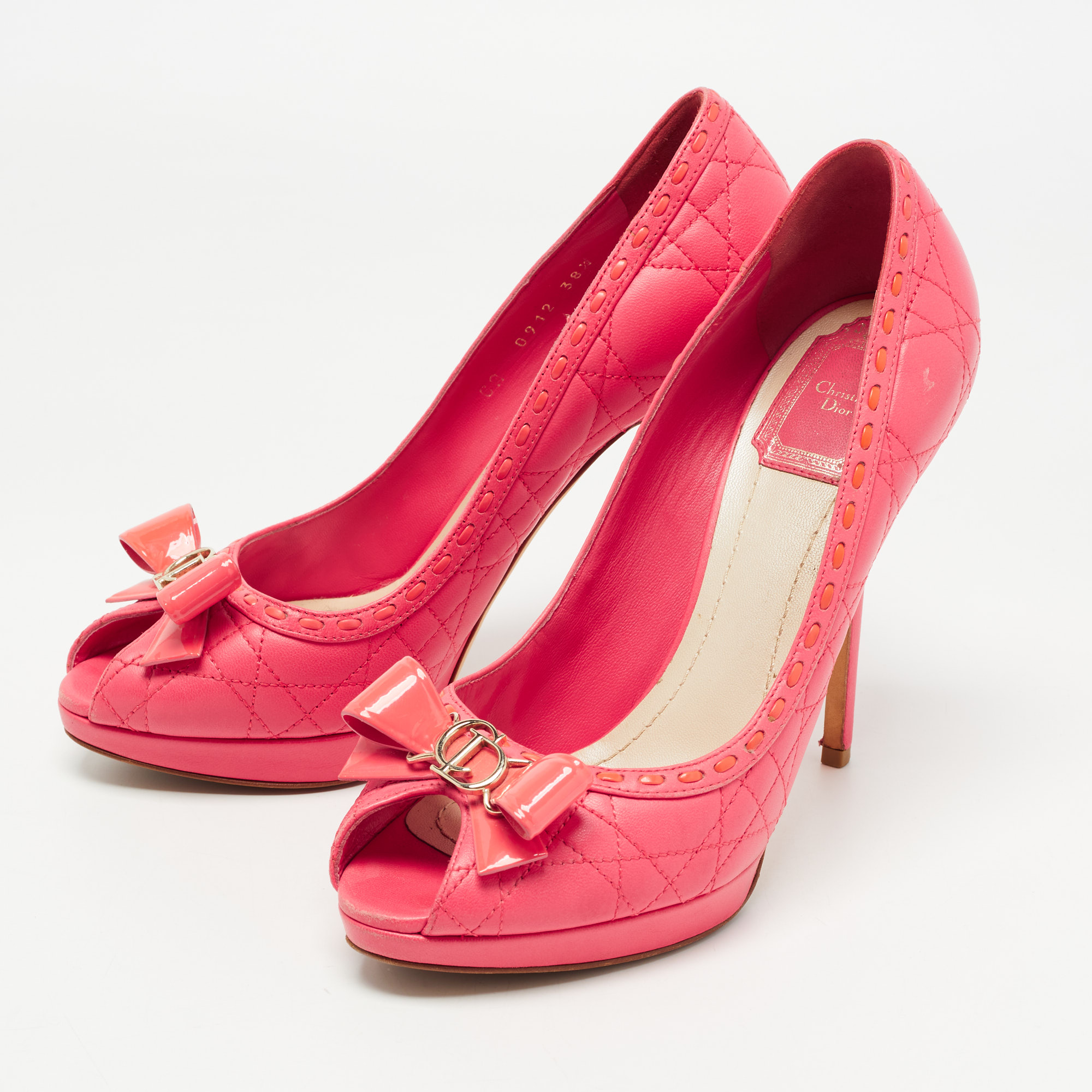 

Dior Pink Cannage Leather Peep Toe Bow Pumps Size