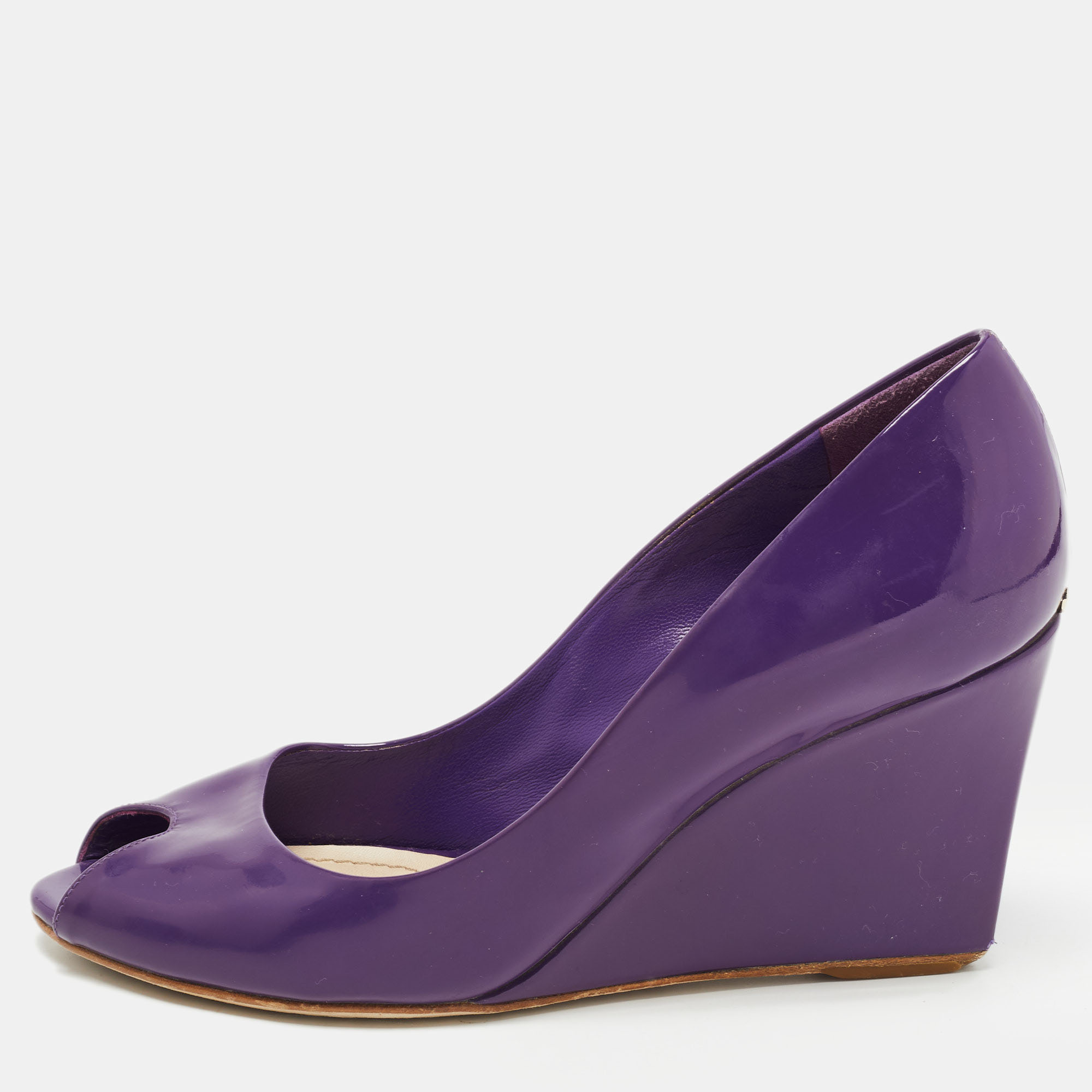 Pre-owned Dior Purple Patent Peep Toe Wedge Pumps Size 36