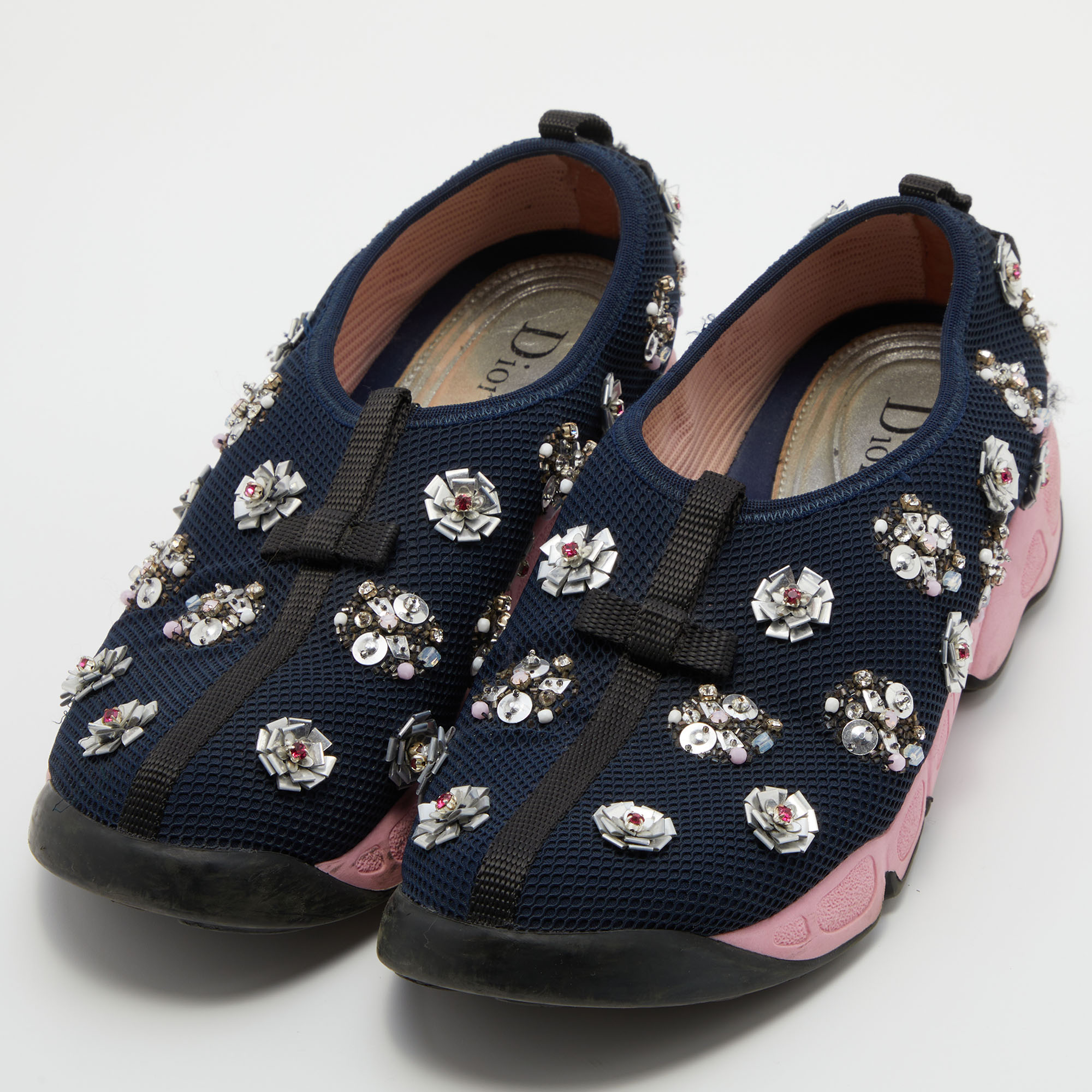 

Dior Navy Blue Mesh Floral Embellished Fusion Slip On Sneakers Size