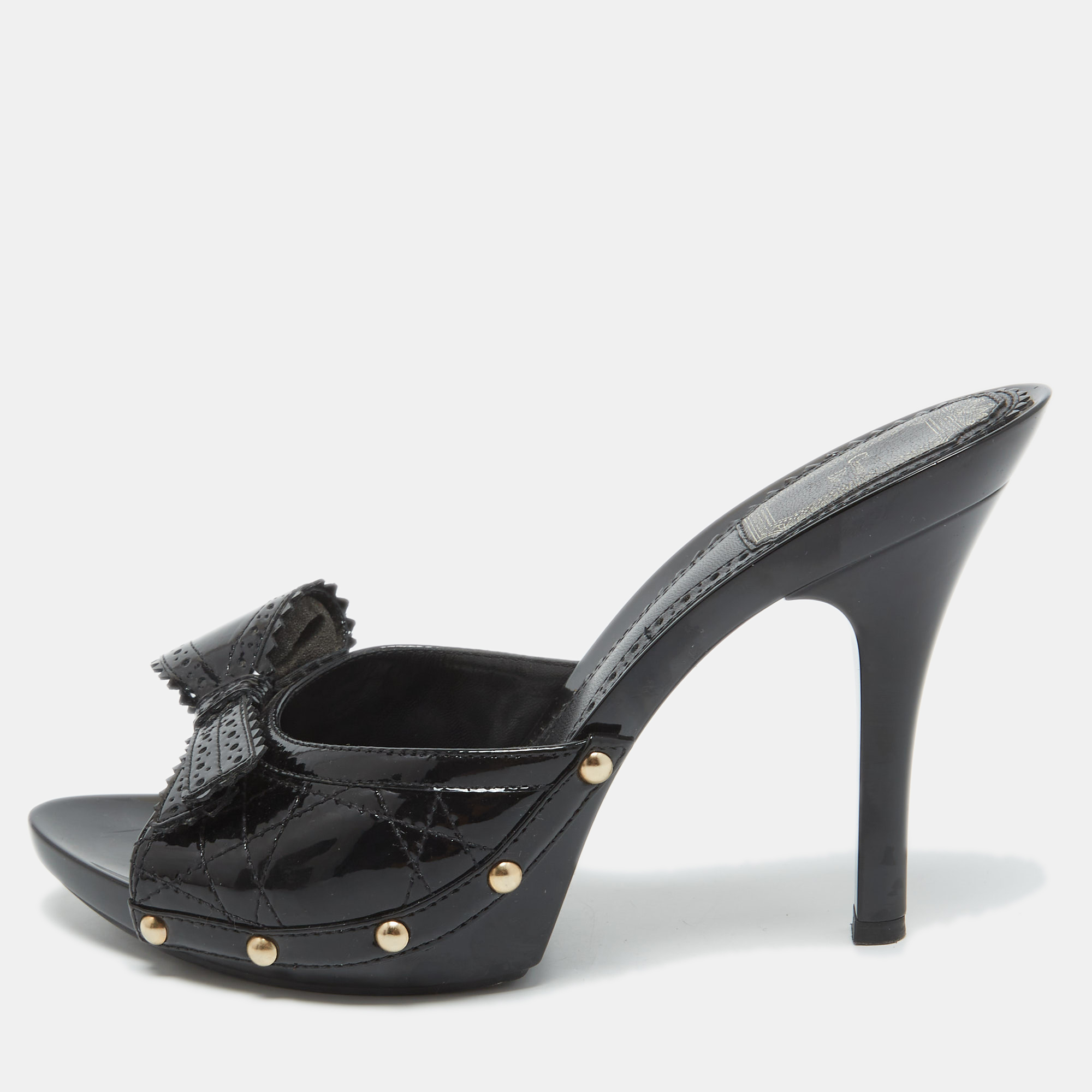 Pre Owned Dior Black Cannage Patent Leather Bow Slides Size 37