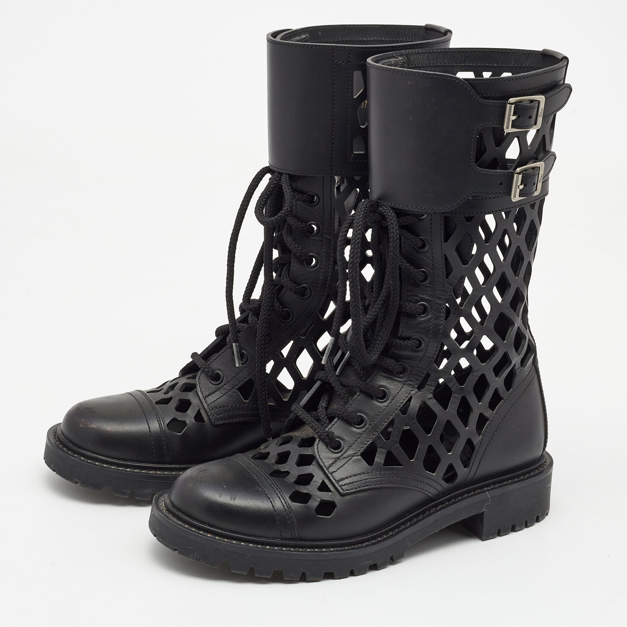 

Dior Black Leather Laser cut Accents Combat Boots Size